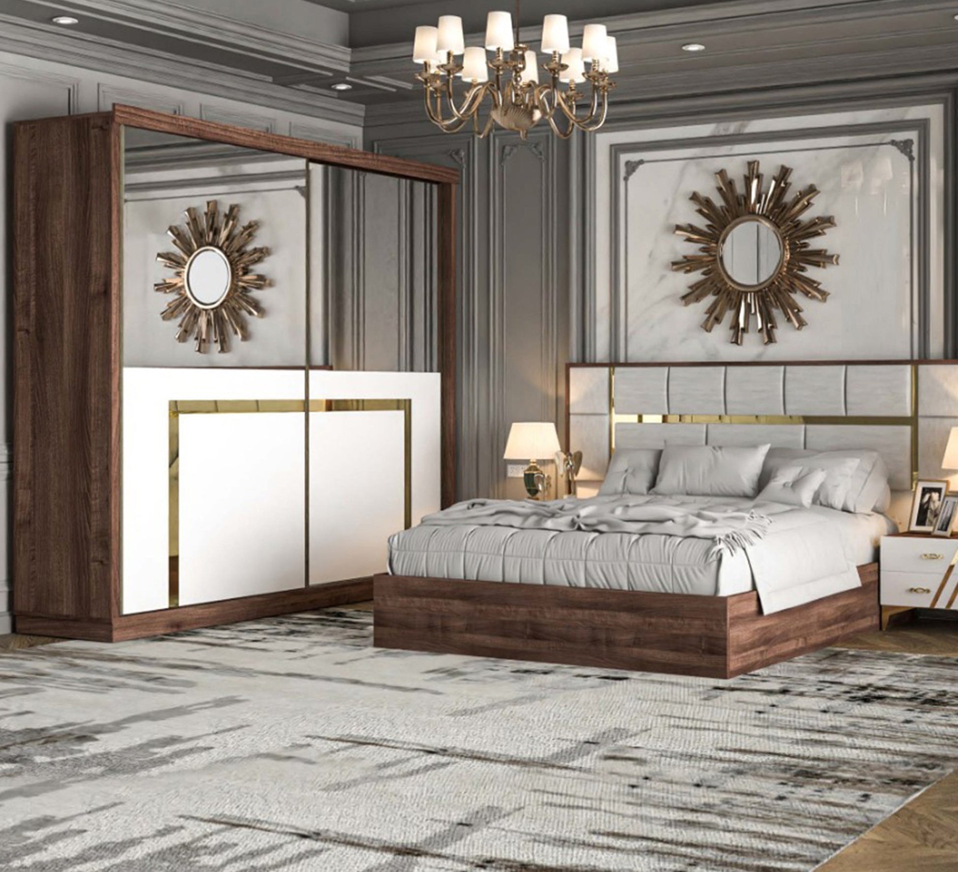 Brown wood, white La Vista bedroom - Vitrine Furniture - Bed Sets