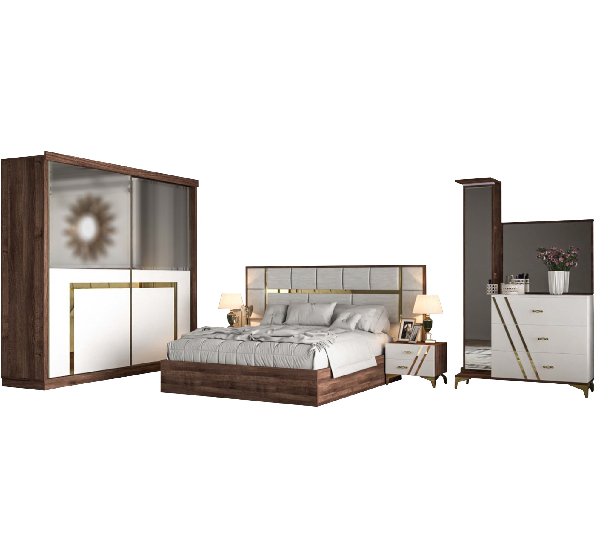 Brown wood, white La Vista bedroom - Vitrine Furniture - Bed Sets