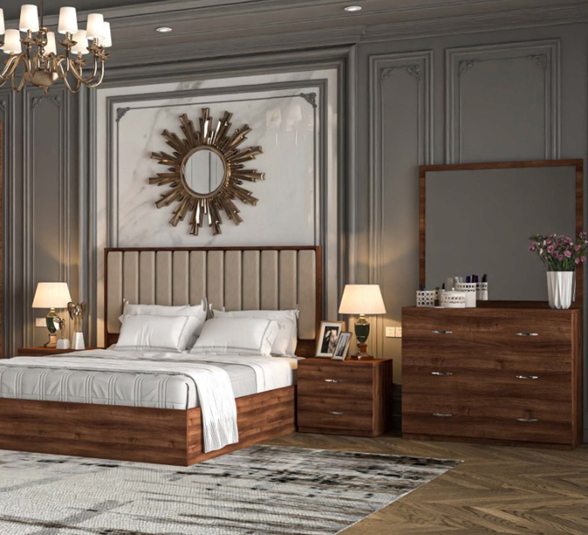 Brown wooden bedroom with movable shutters - Vitrine Furniture - Bed Sets