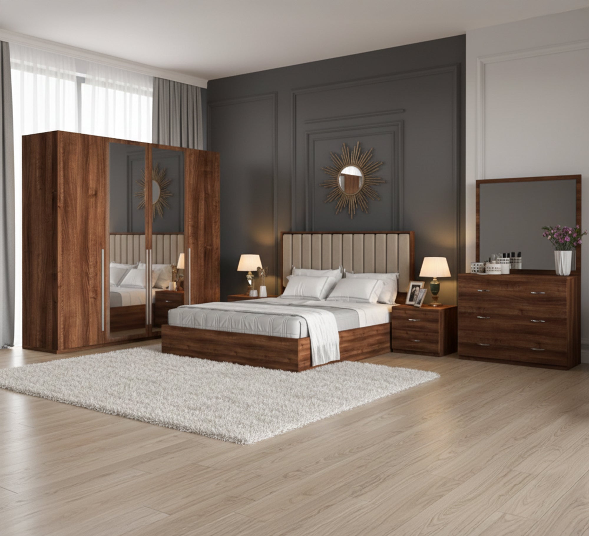 Brown wooden bedroom with movable shutters - Vitrine Furniture - Bed Sets