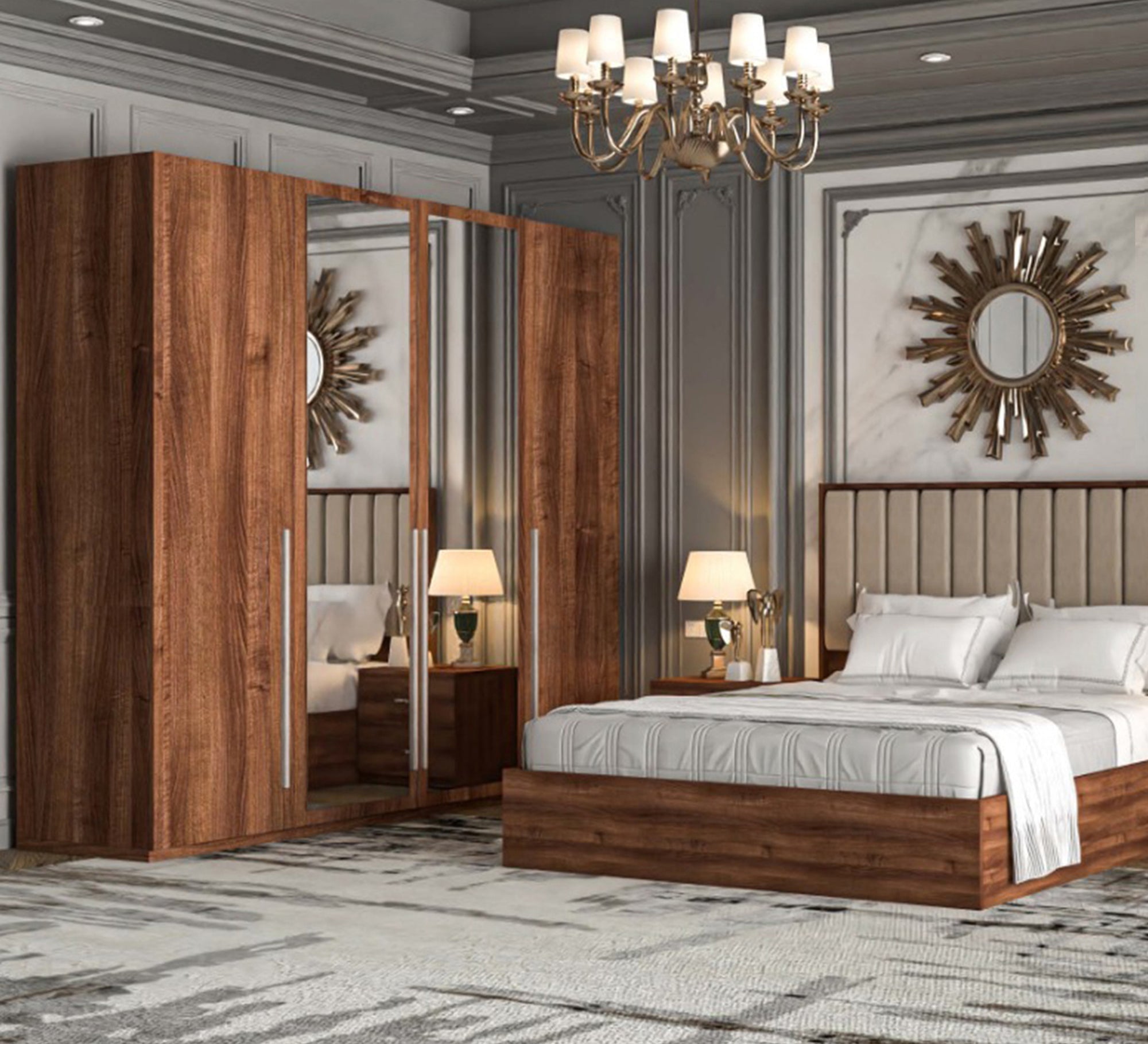Brown wooden bedroom with movable shutters - Vitrine Furniture - Bed Sets
