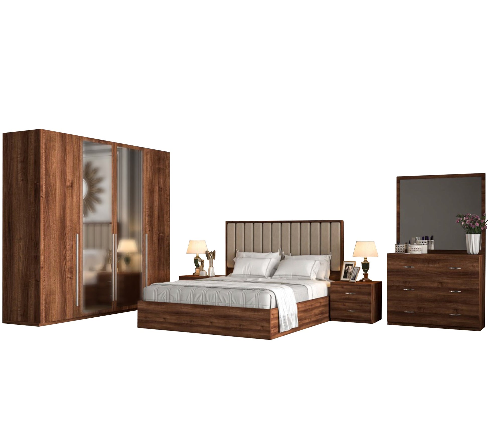 Brown wooden bedroom with movable shutters - Vitrine Furniture - Bed Sets