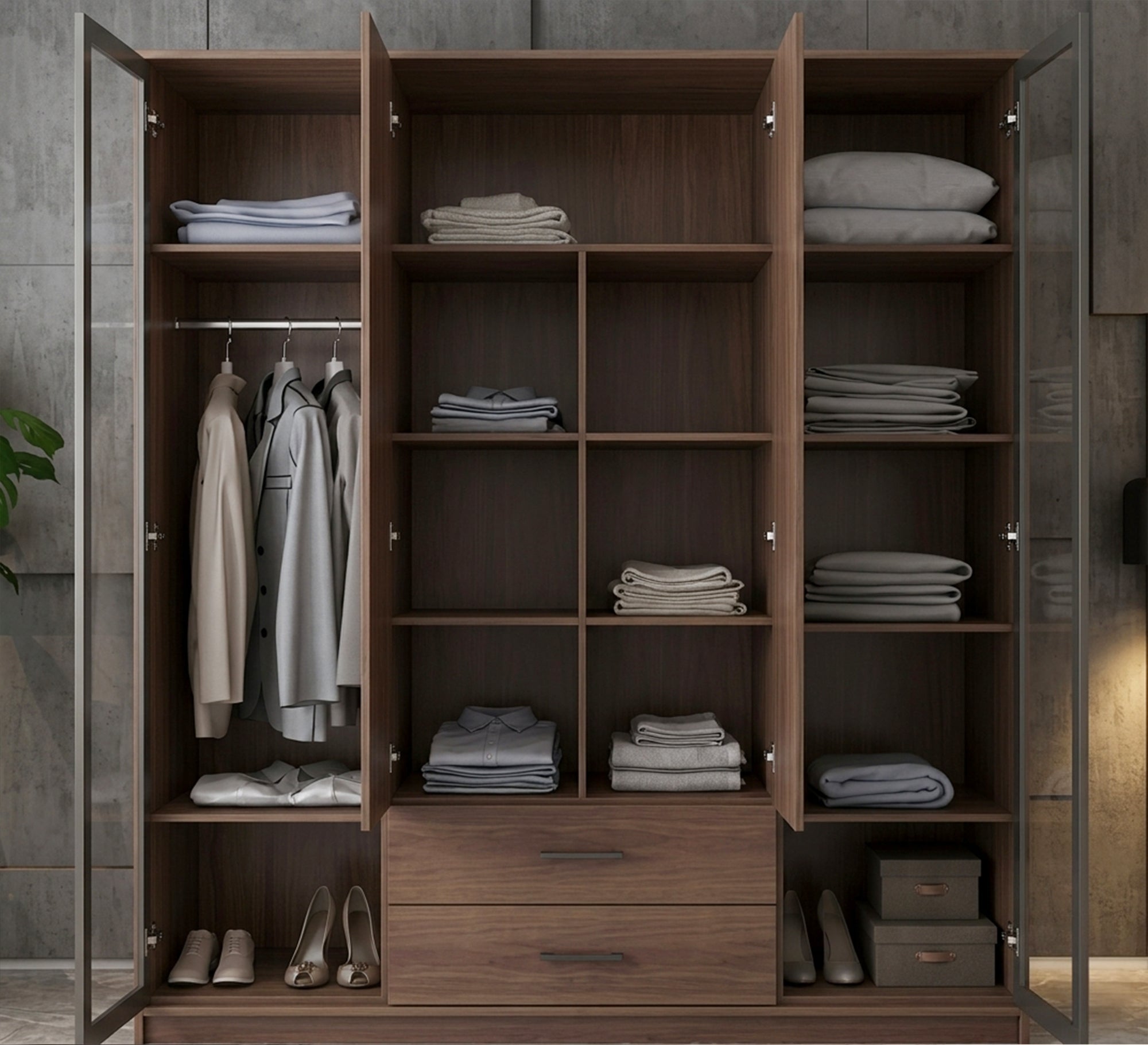 Brown Wooden Cupboard with Mirrored Glass Leaf - Vitrine Furniture - Wardrobes