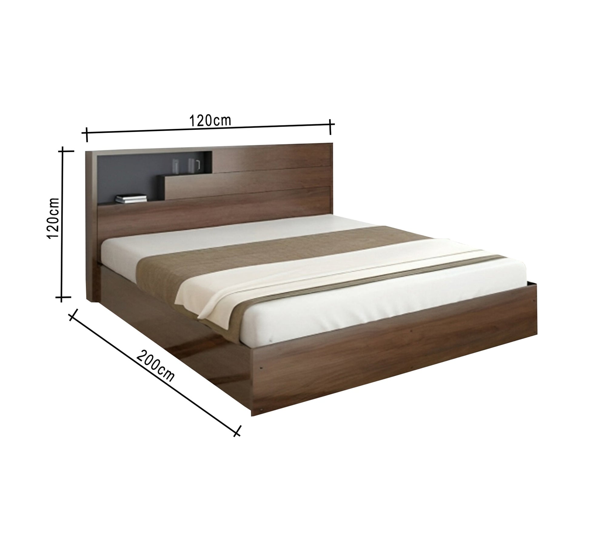 Brown wooden single bed with shelves with backrest - Vitrine Furniture - Furniture