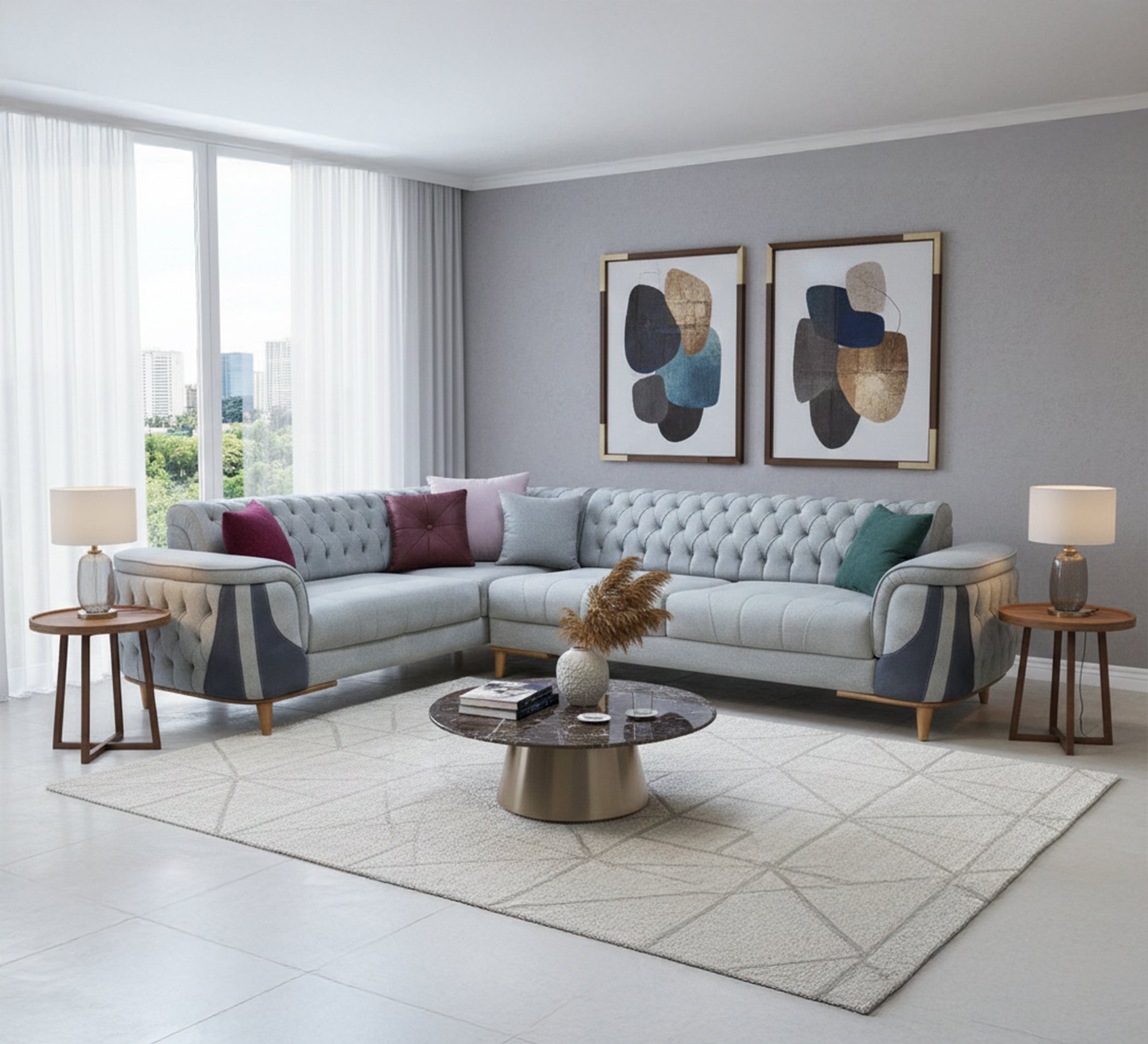 Capotene Corner: Sleek Blue & Grey - Stylish Practicality - Vitrine Furniture - L - shape sofa set