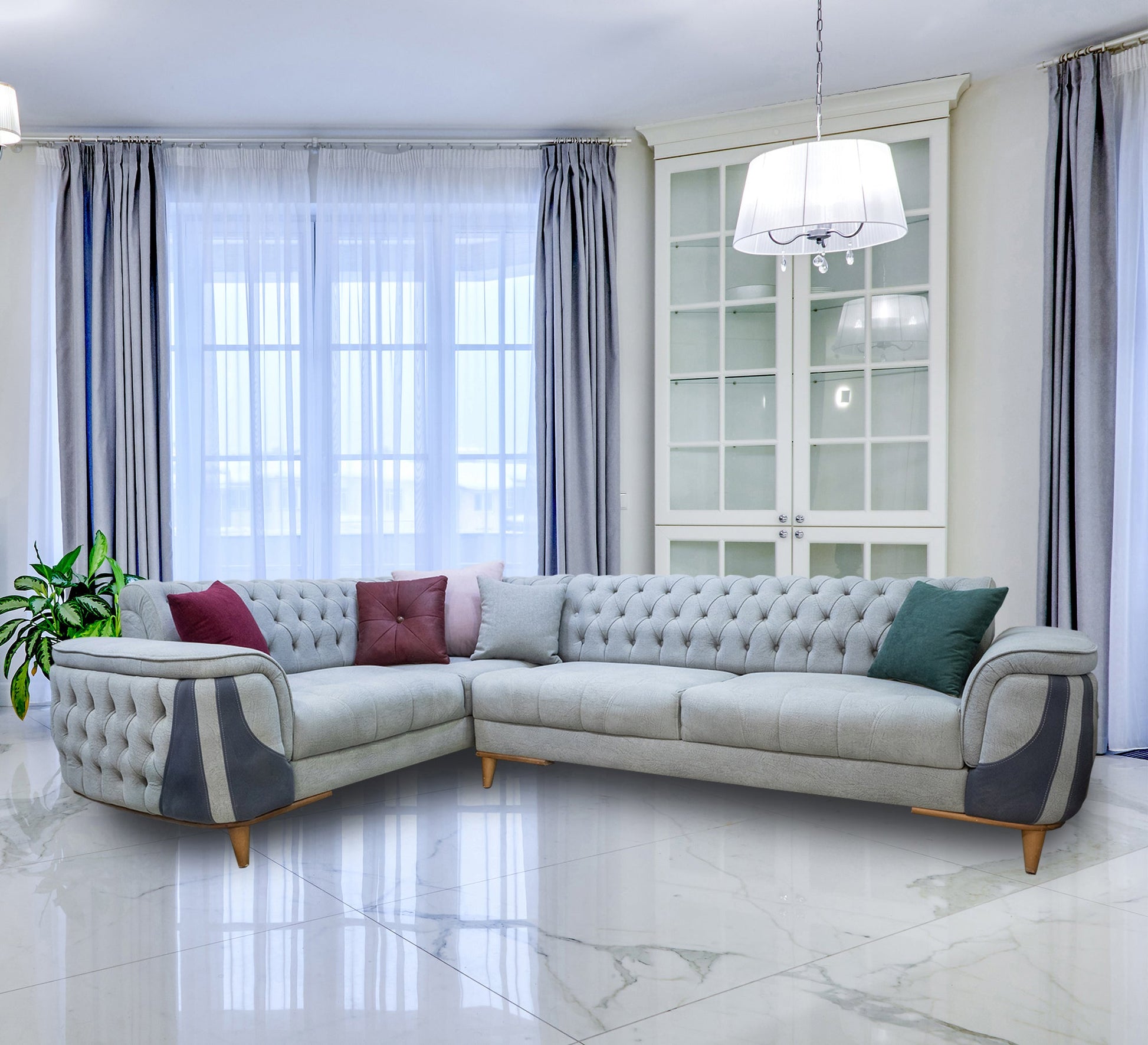 Capotene Corner: Sleek Blue & Grey - Stylish Practicality - Vitrine Furniture - L - shape sofa set