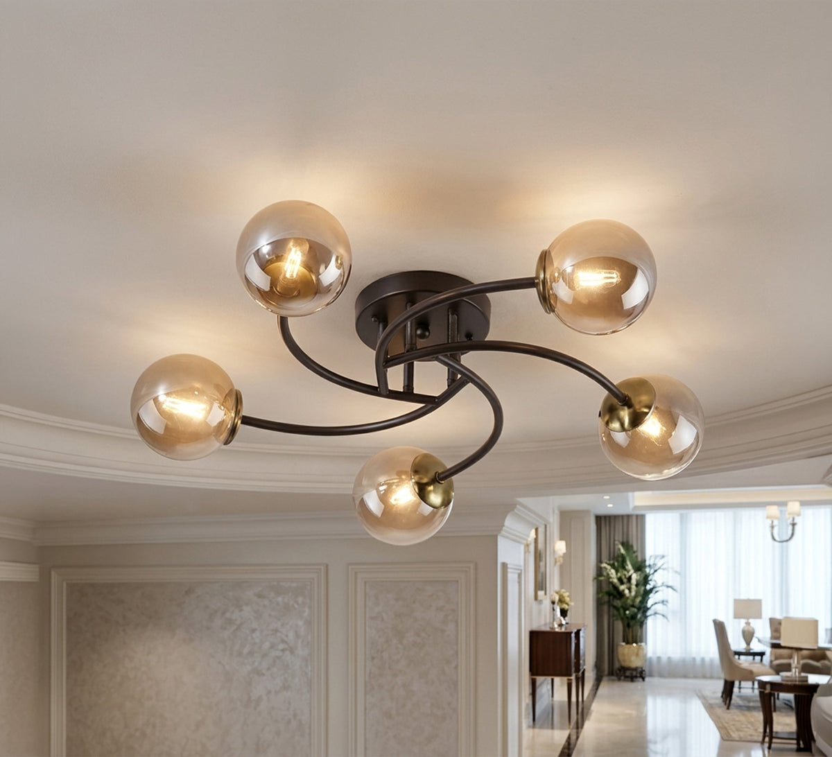 Ceiling chandelier with five curved arms and amber glass - Vitrine Furniture - Ceiling lights
