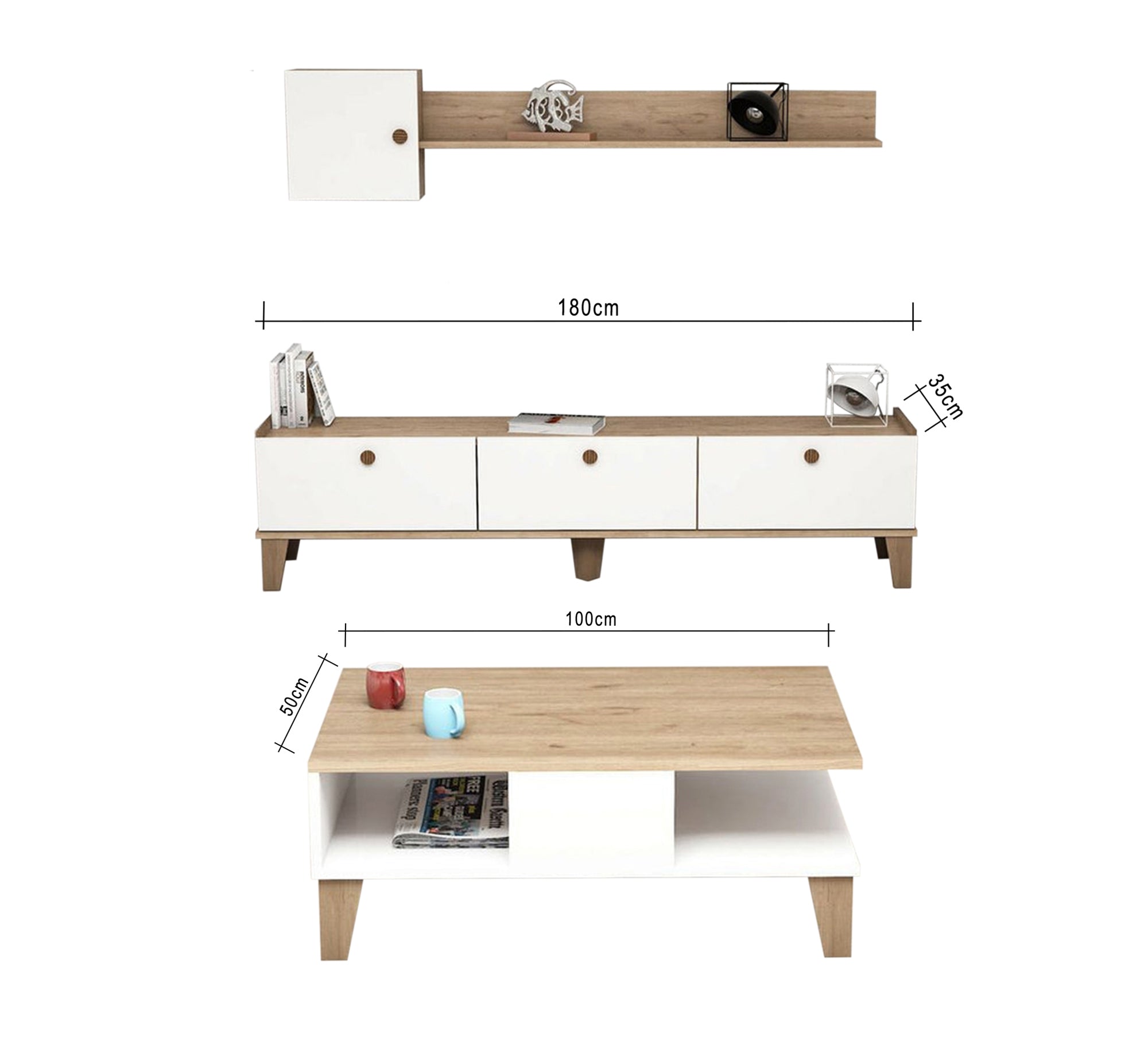 Center table, TV table and top piece in distinctive white and wooden beige - Vitrine Furniture - Furniture