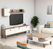 Center table, TV table and top piece in distinctive white and wooden beige - Vitrine Furniture - Furniture