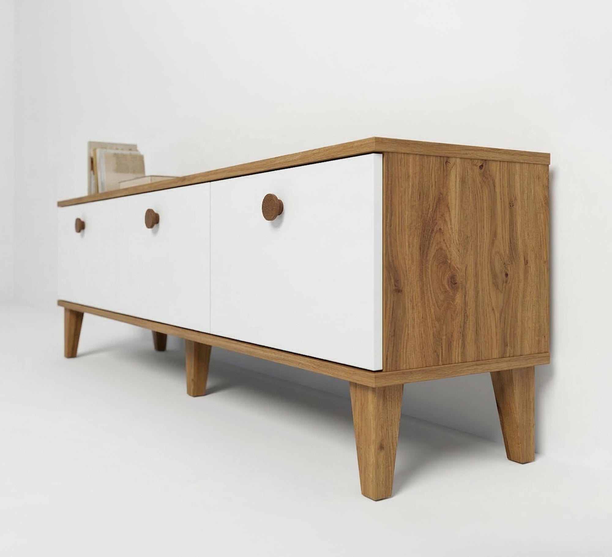 Center table, TV table and top piece in distinctive white and wooden beige - Vitrine Furniture - TV Table & Cabinet
