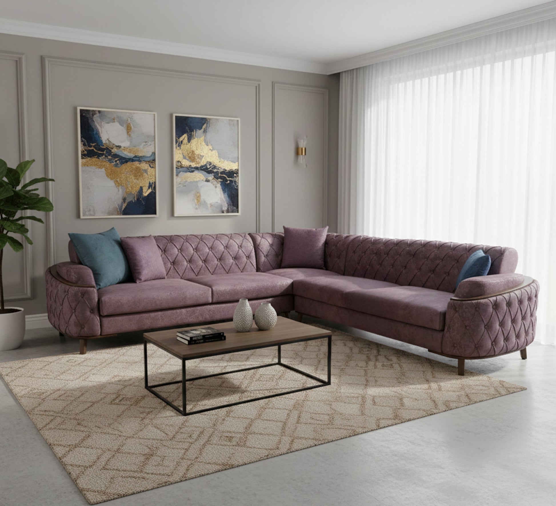 Champagne Capotene Living Room: Elegant, Modern Comfort - Vitrine Furniture - L - shape sofa set