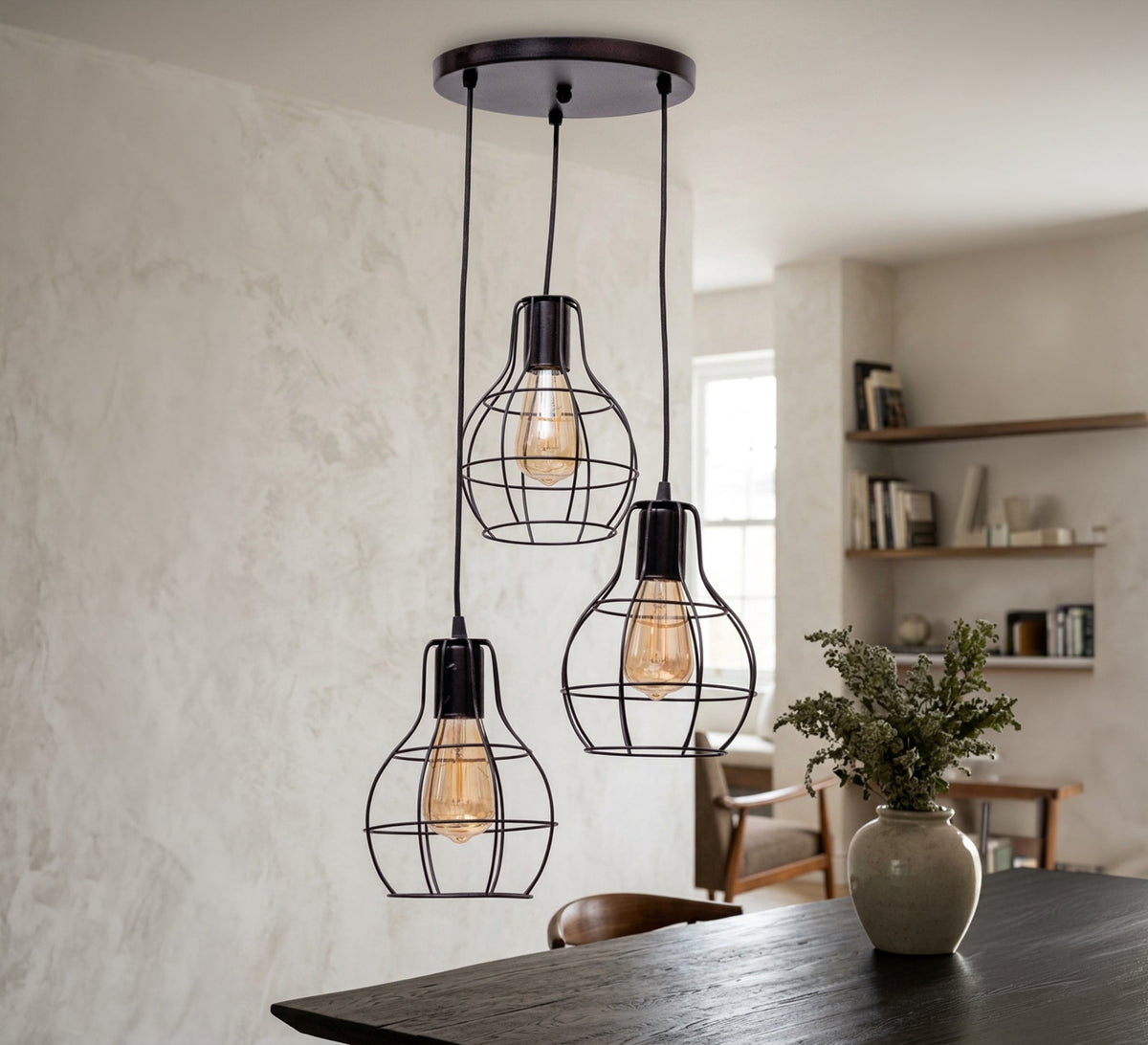 Circular chandelier with three black metal cages - Vitrine Furniture - Ceiling lights