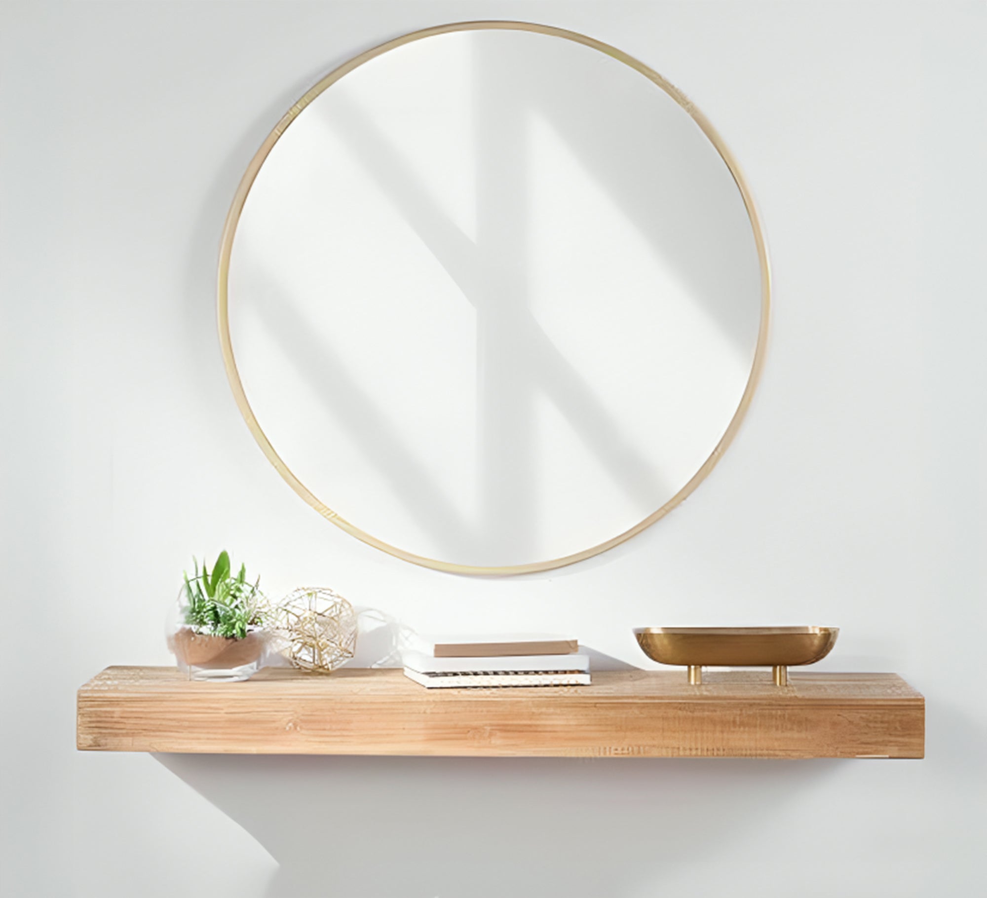 Circular entryway mirror with rectangular wooden shelf - Vitrine Furniture - Décor
