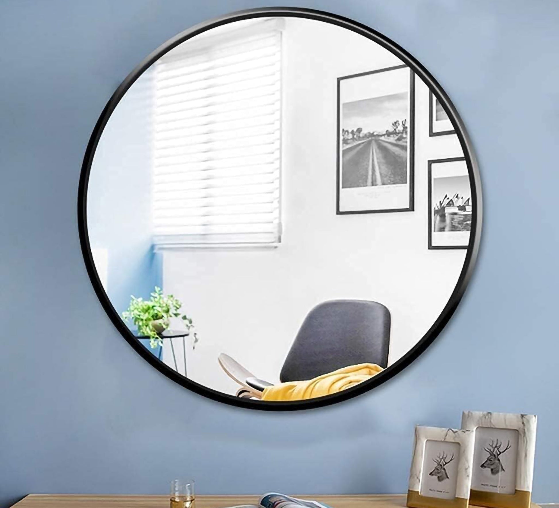 Circular Mirror: 70cm Black Wooden Elegance - Vitrine Furniture - Mirrors