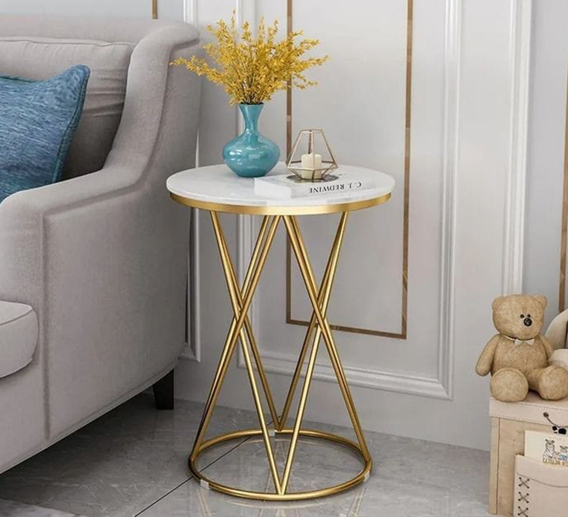 Circular side table with a golden metal frame - Vitrine Furniture - Furniture