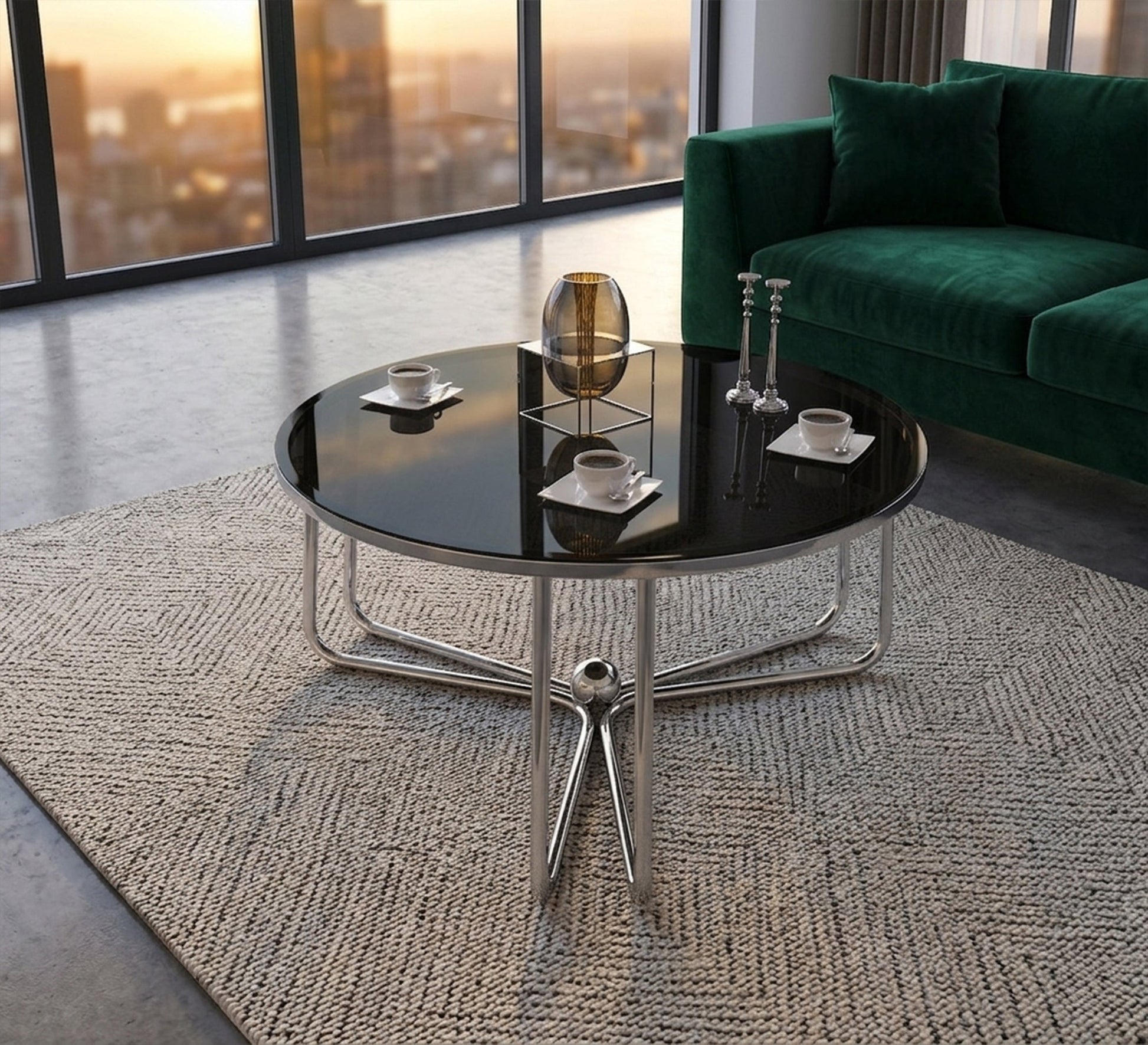 Circular table with three - legged chassis and black glass - Vitrine Furniture - Coffee Tables