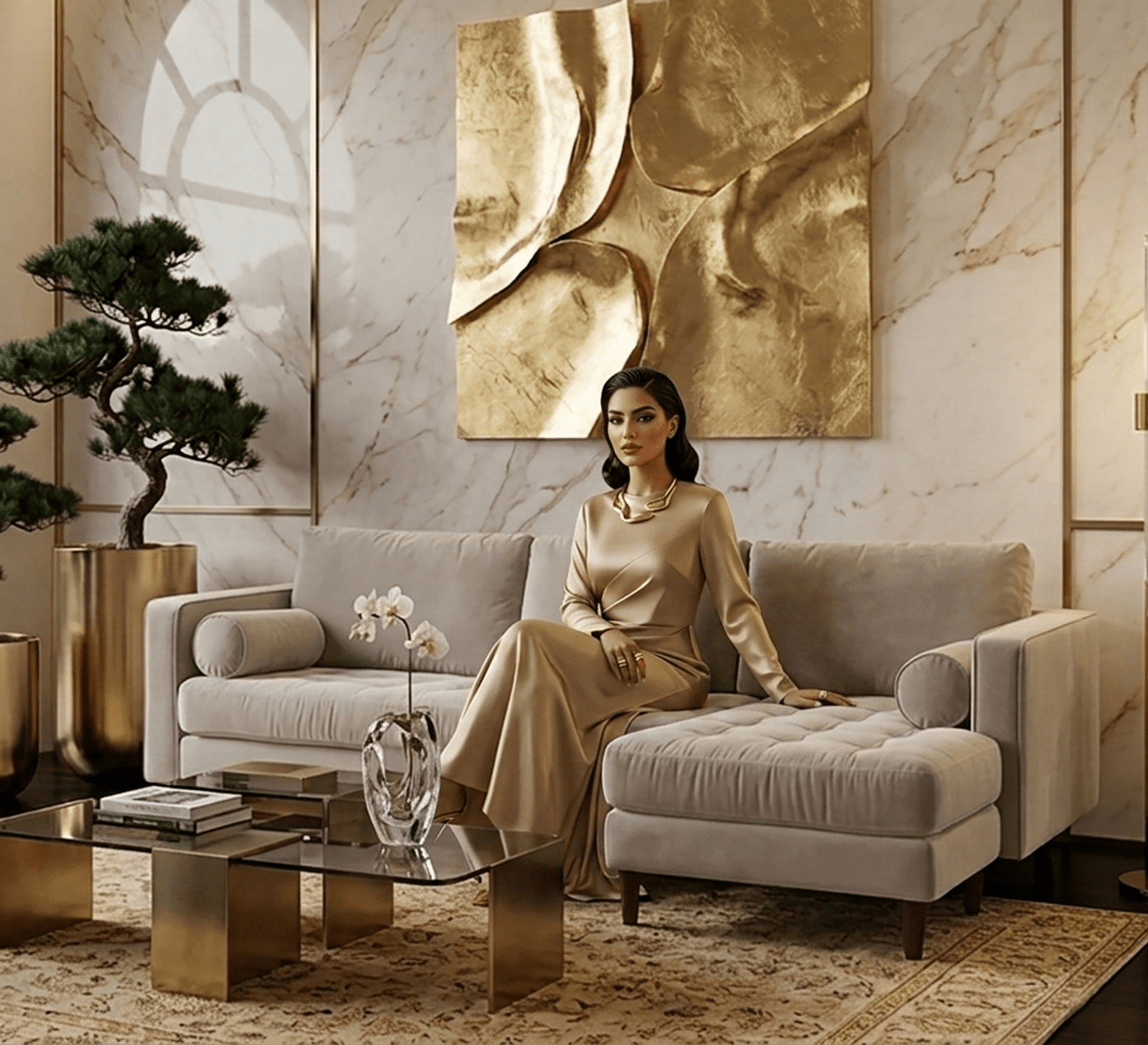 Classic carved legs living room corner - Vitrine Furniture - L-shape sofa set