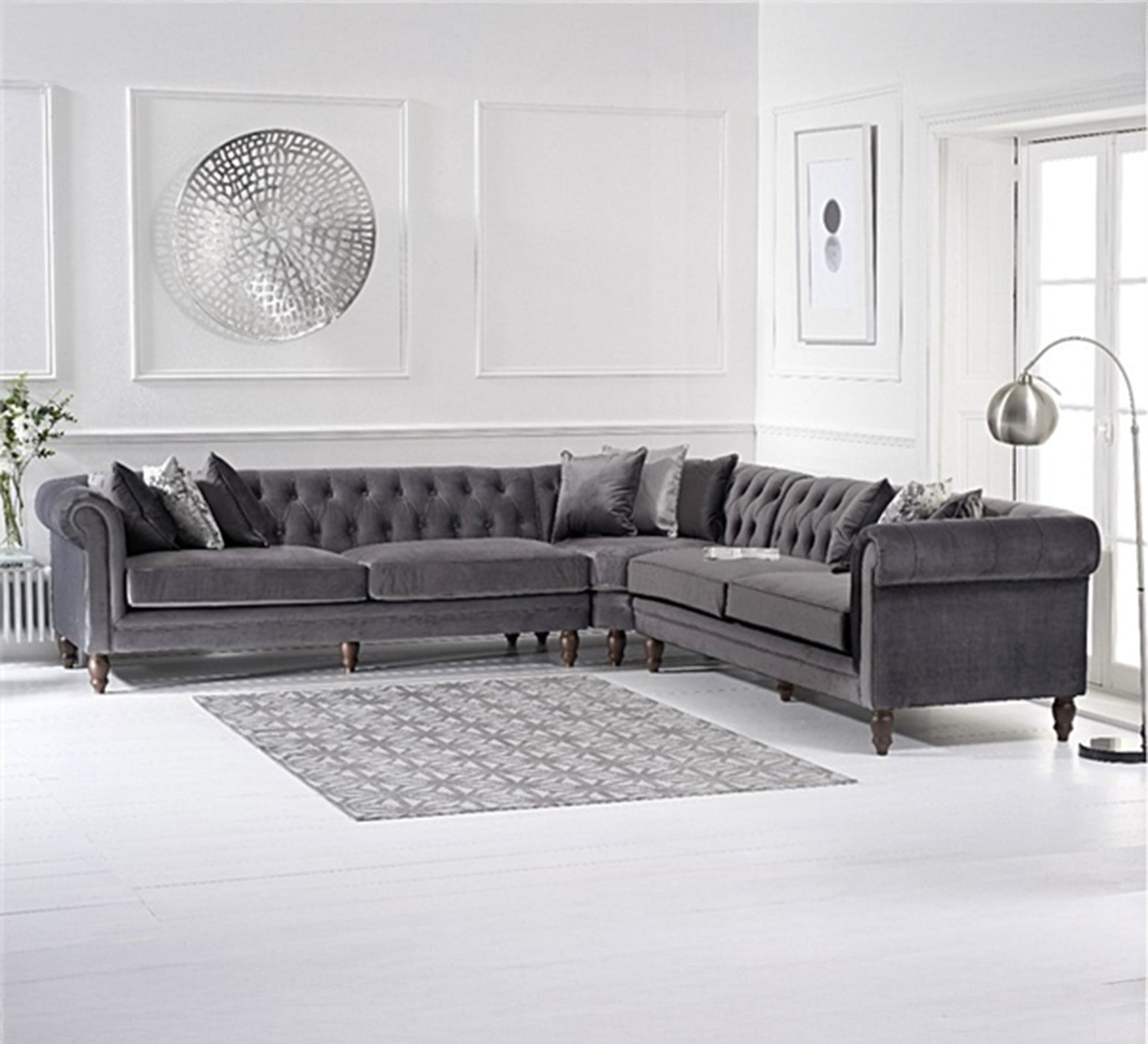 Classic luxury velvet corner sofa in gray - Vitrine Furniture - Furniture