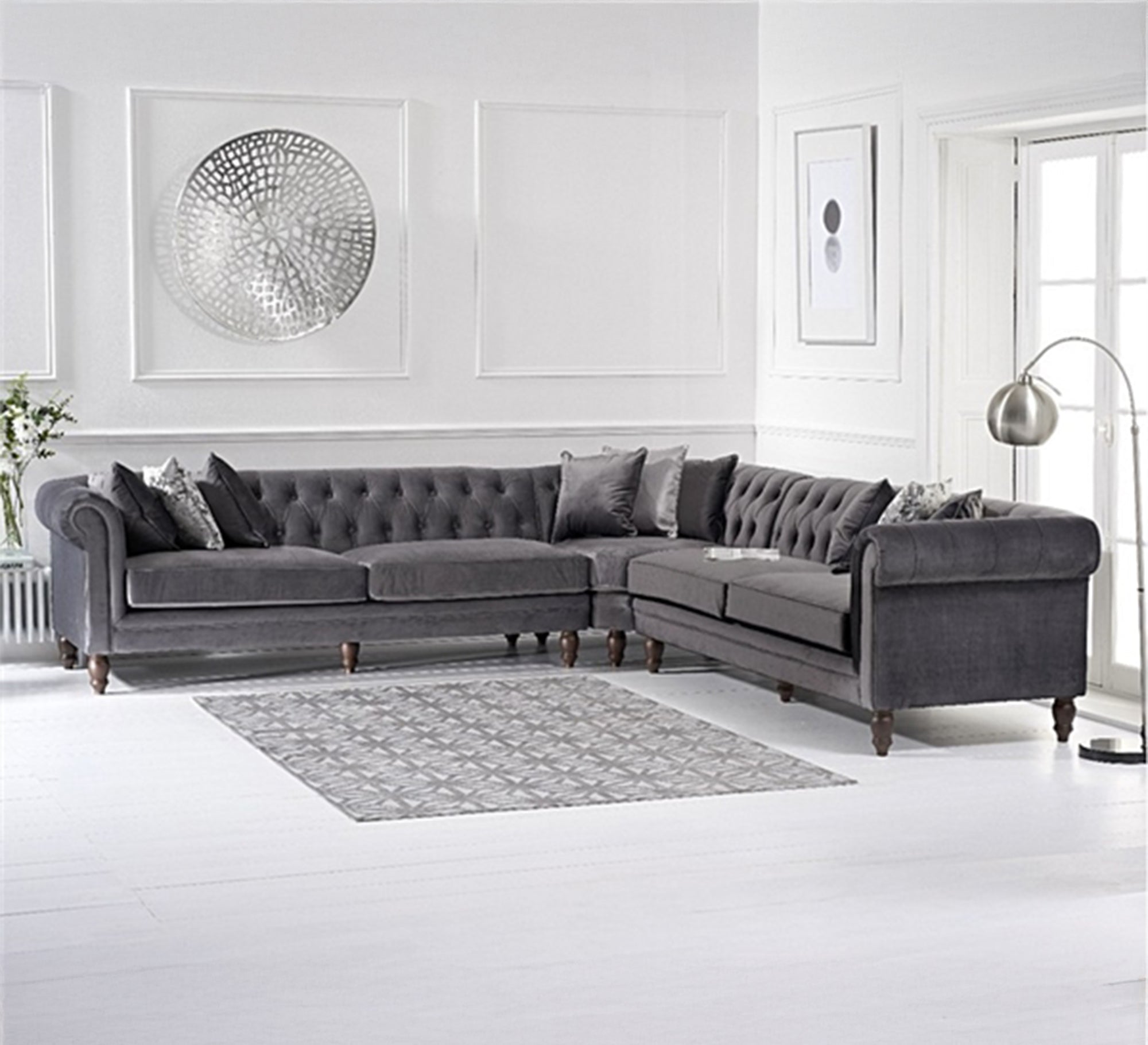 Classic luxury velvet corner sofa in gray - Vitrine Furniture - Furniture