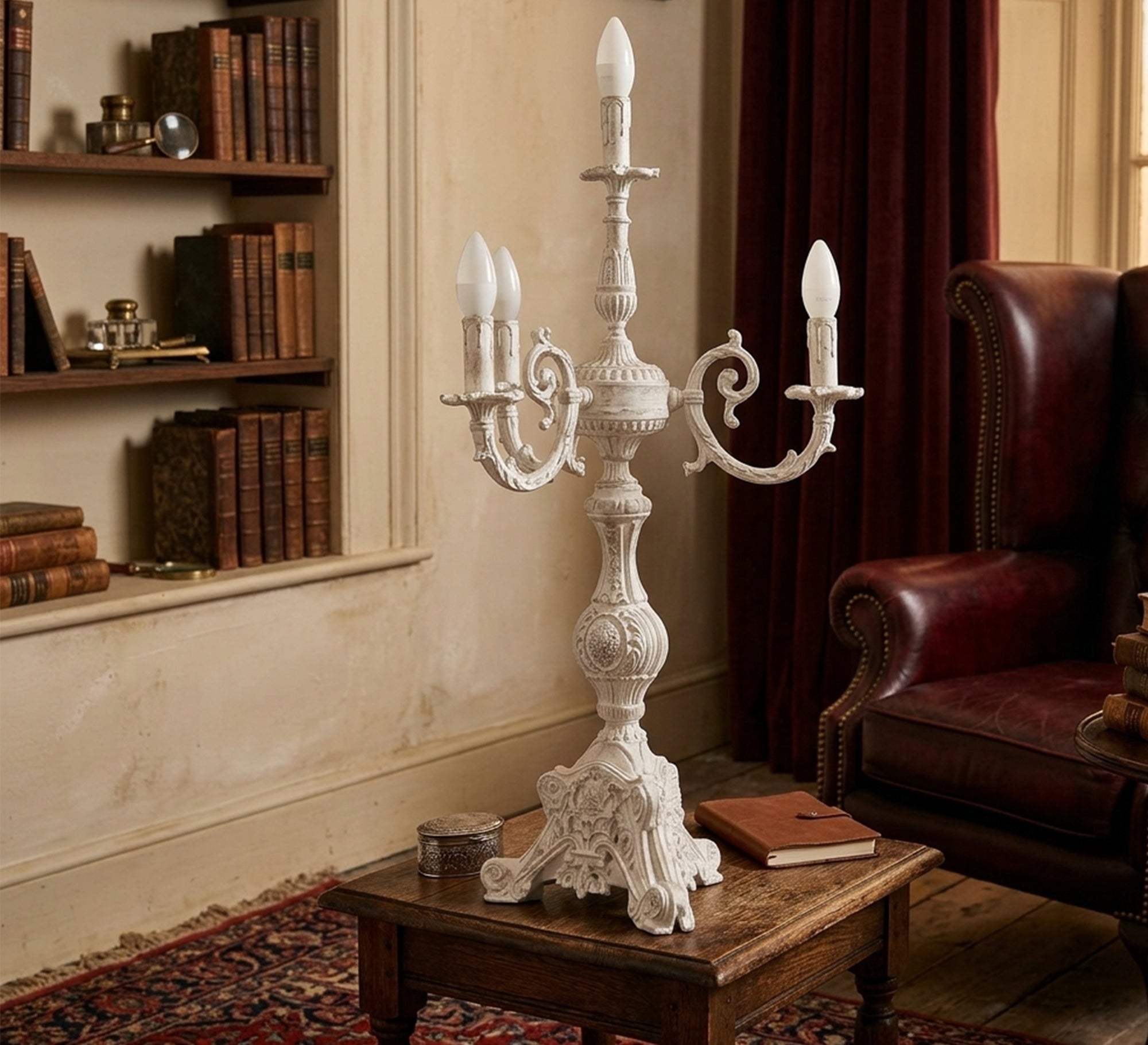 Classic three - light white ornate candlestick - Vitrine Furniture - Table lamps