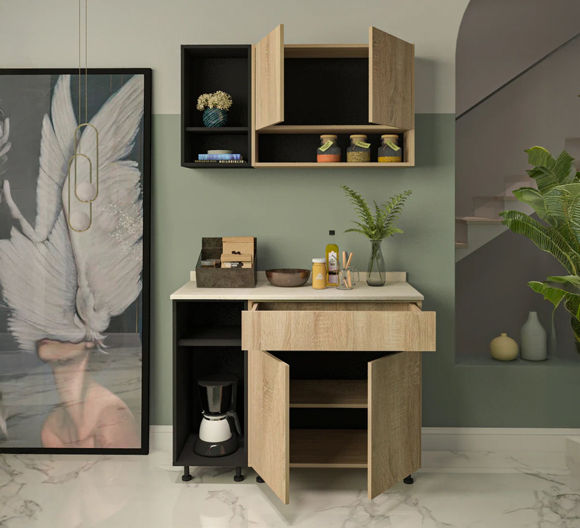 Coffee corner in light wood with black accents - Vitrine Furniture - Furniture