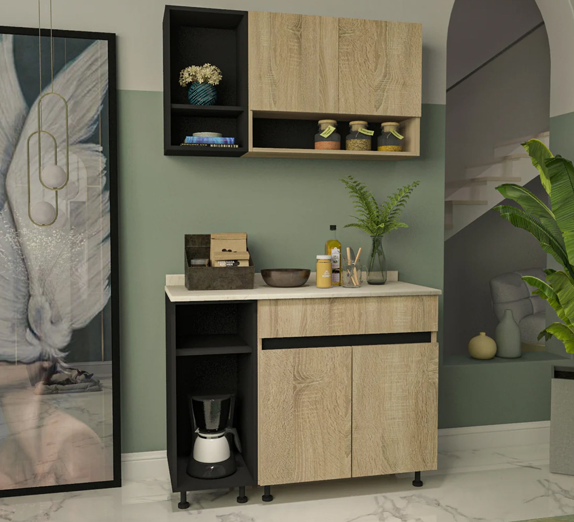 Coffee corner in light wood with black accents - Vitrine Furniture - Furniture