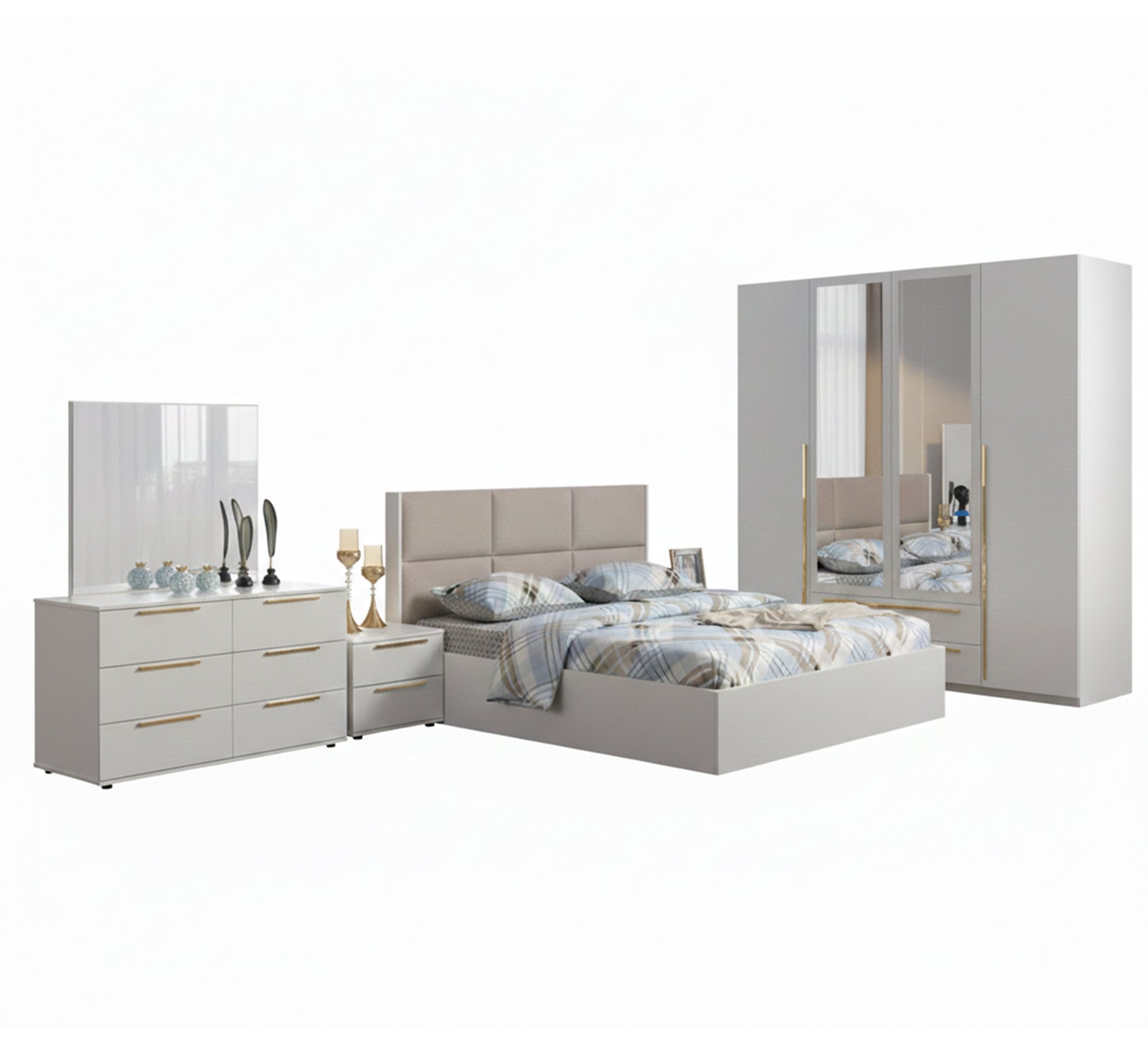 Complete bedroom in pearly white - Vitrine Furniture - Bed Sets