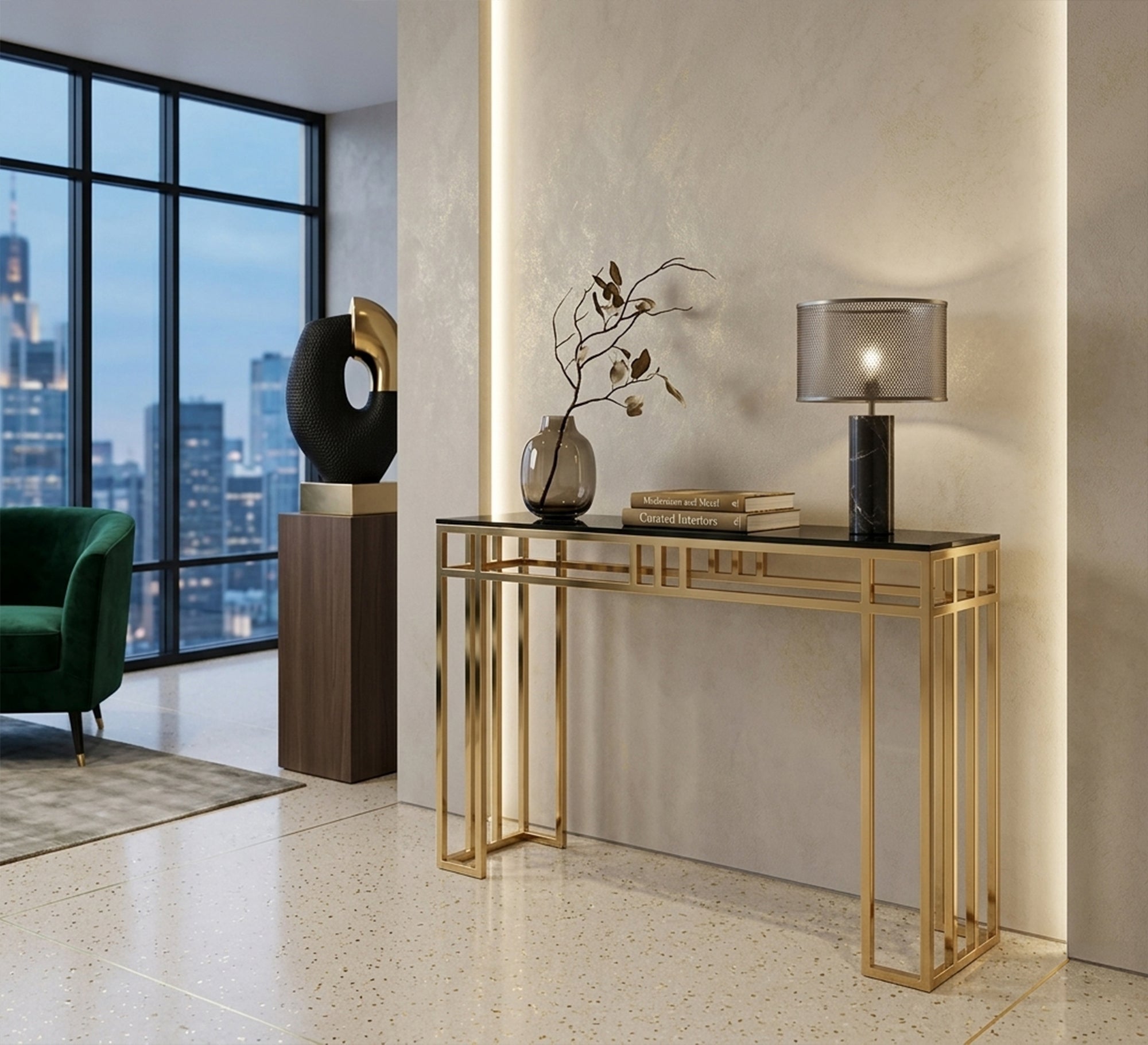 Console decorated with successive golden sticks - Vitrine Furniture - Console