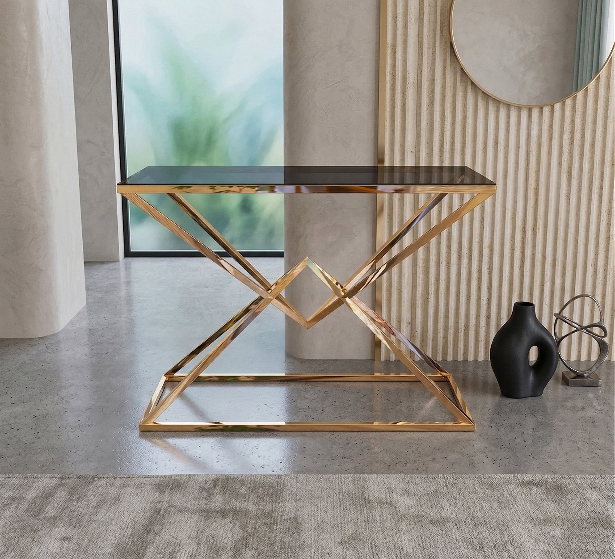 Console with a chassis shaped like overlapping pyramids - Vitrine Furniture - Console