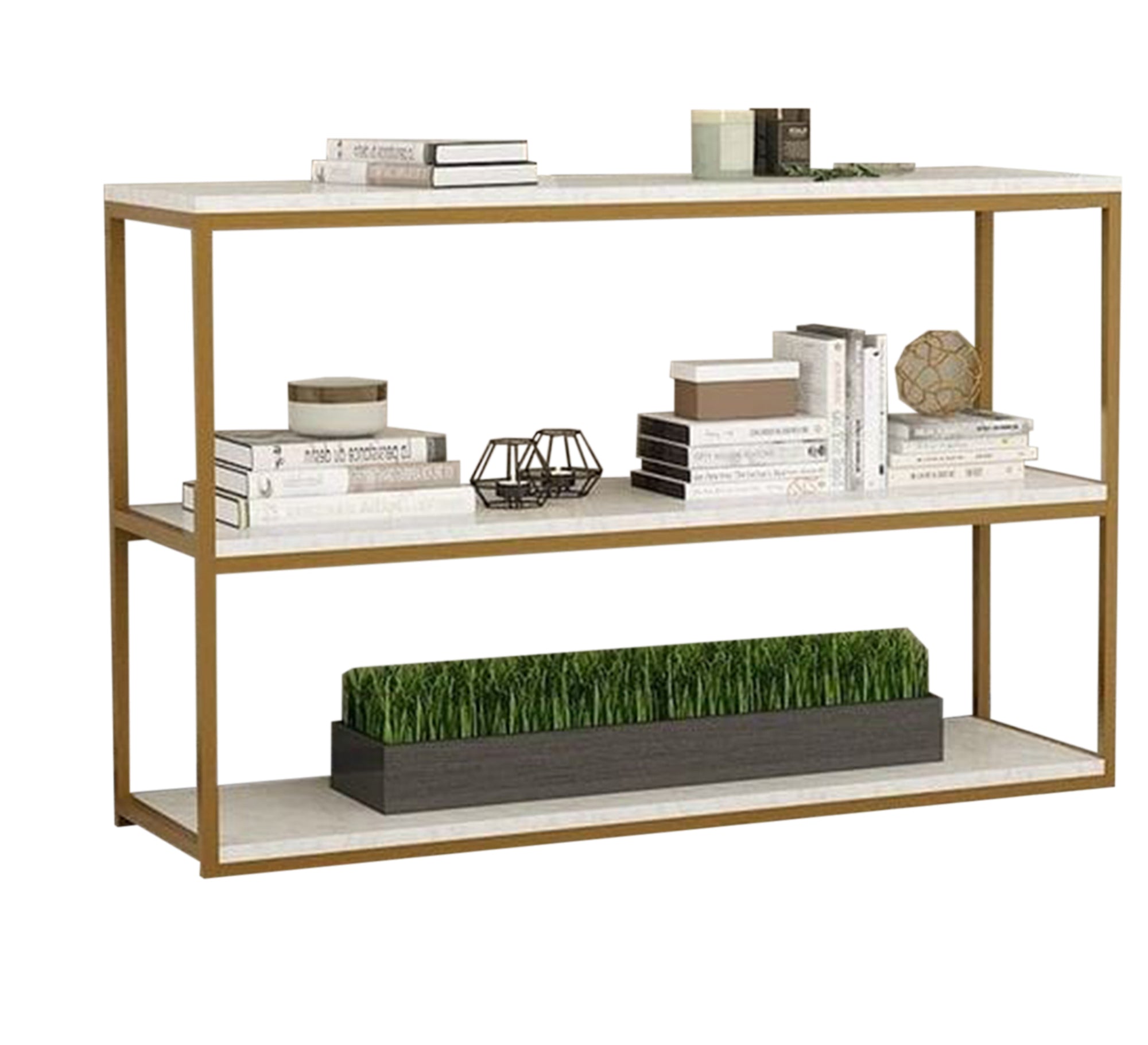 Console with a golden frame and wooden shelves - Vitrine Furniture - Furniture