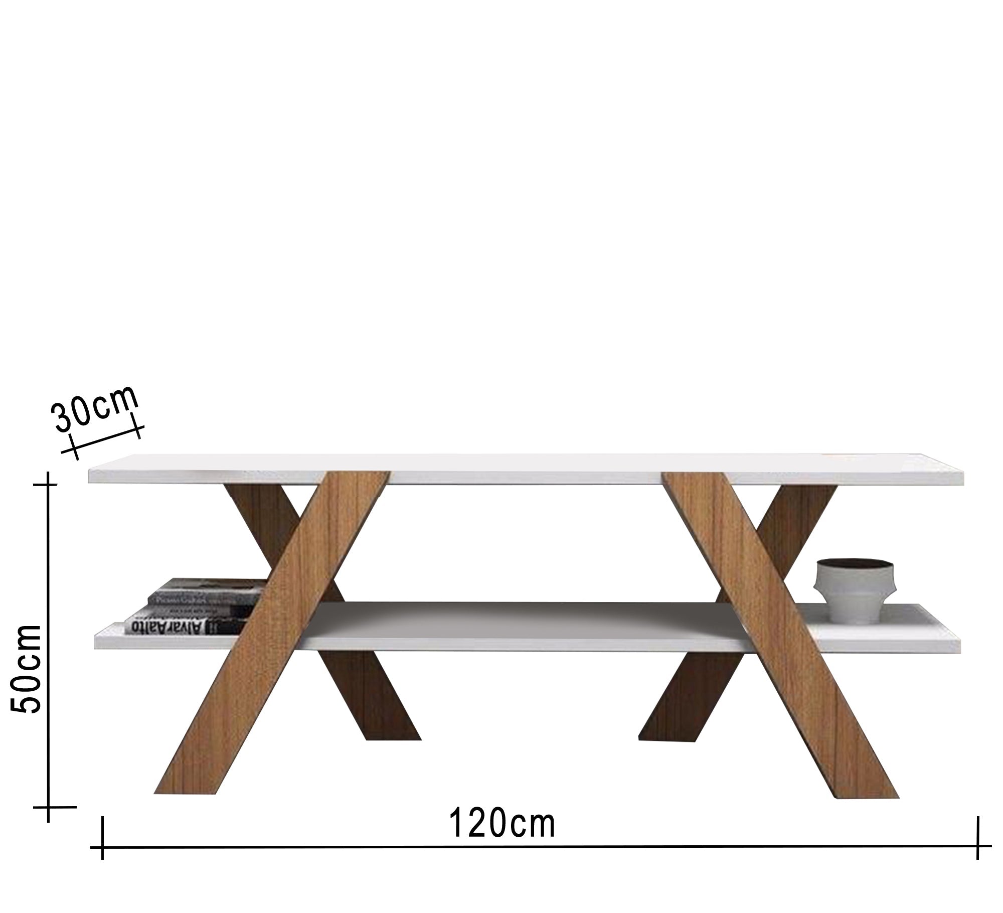 Console with two shelves and X - letter legs, white and beige - Vitrine Furniture - Furniture