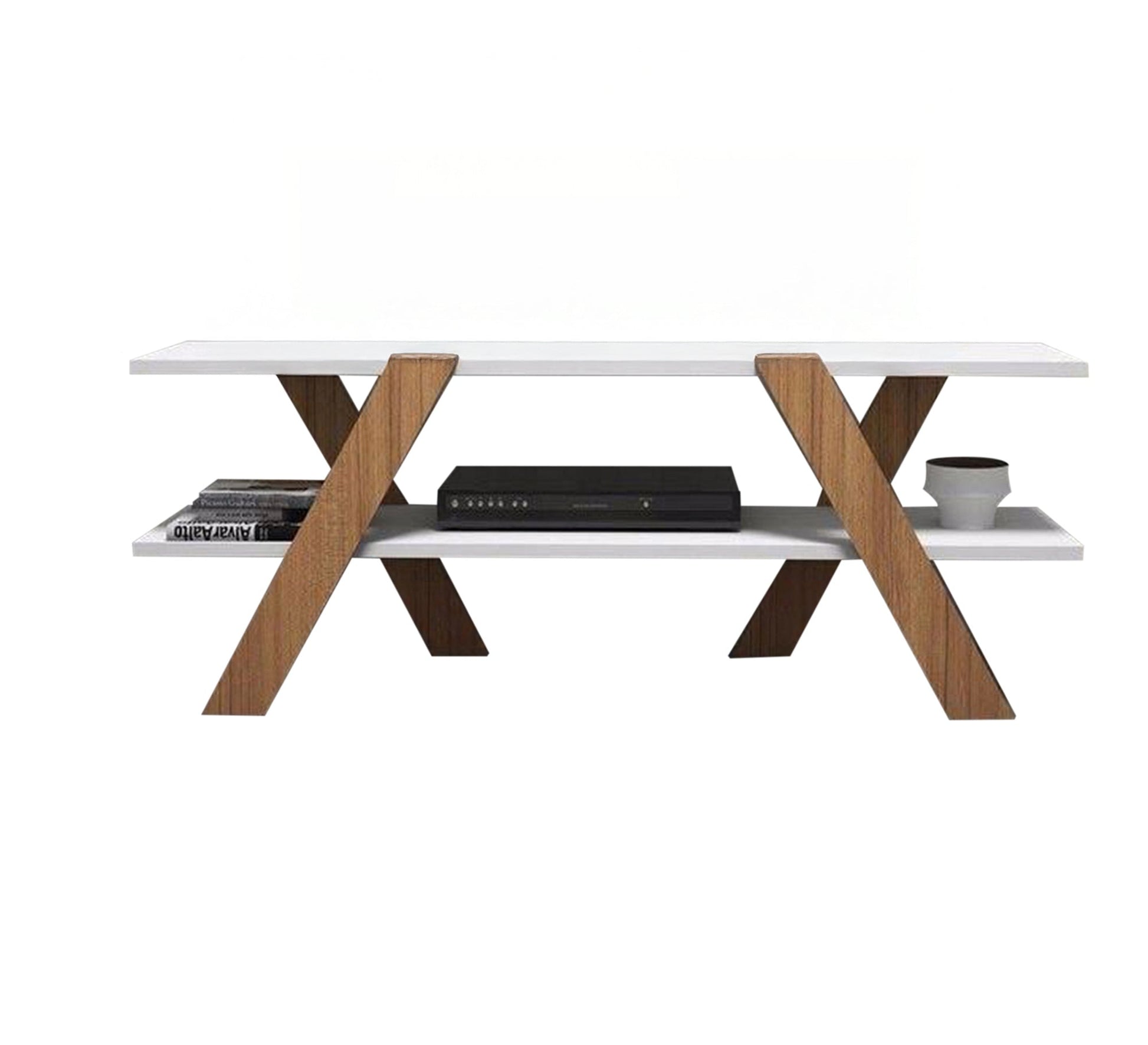 Console with two shelves and X - letter legs, white and beige - Vitrine Furniture - Furniture