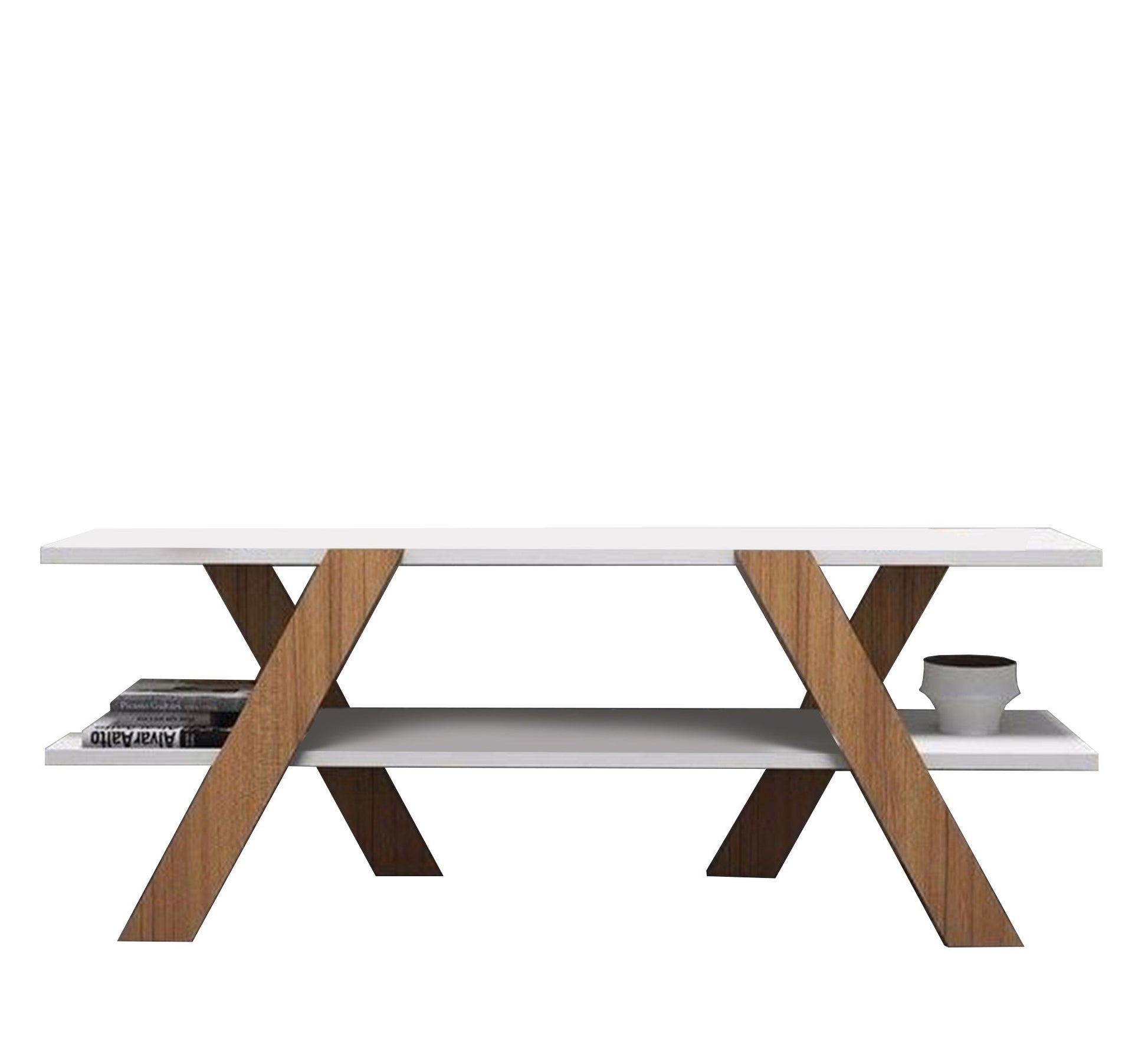 Console with two shelves and X - letter legs, white and beige - Vitrine Furniture - Furniture