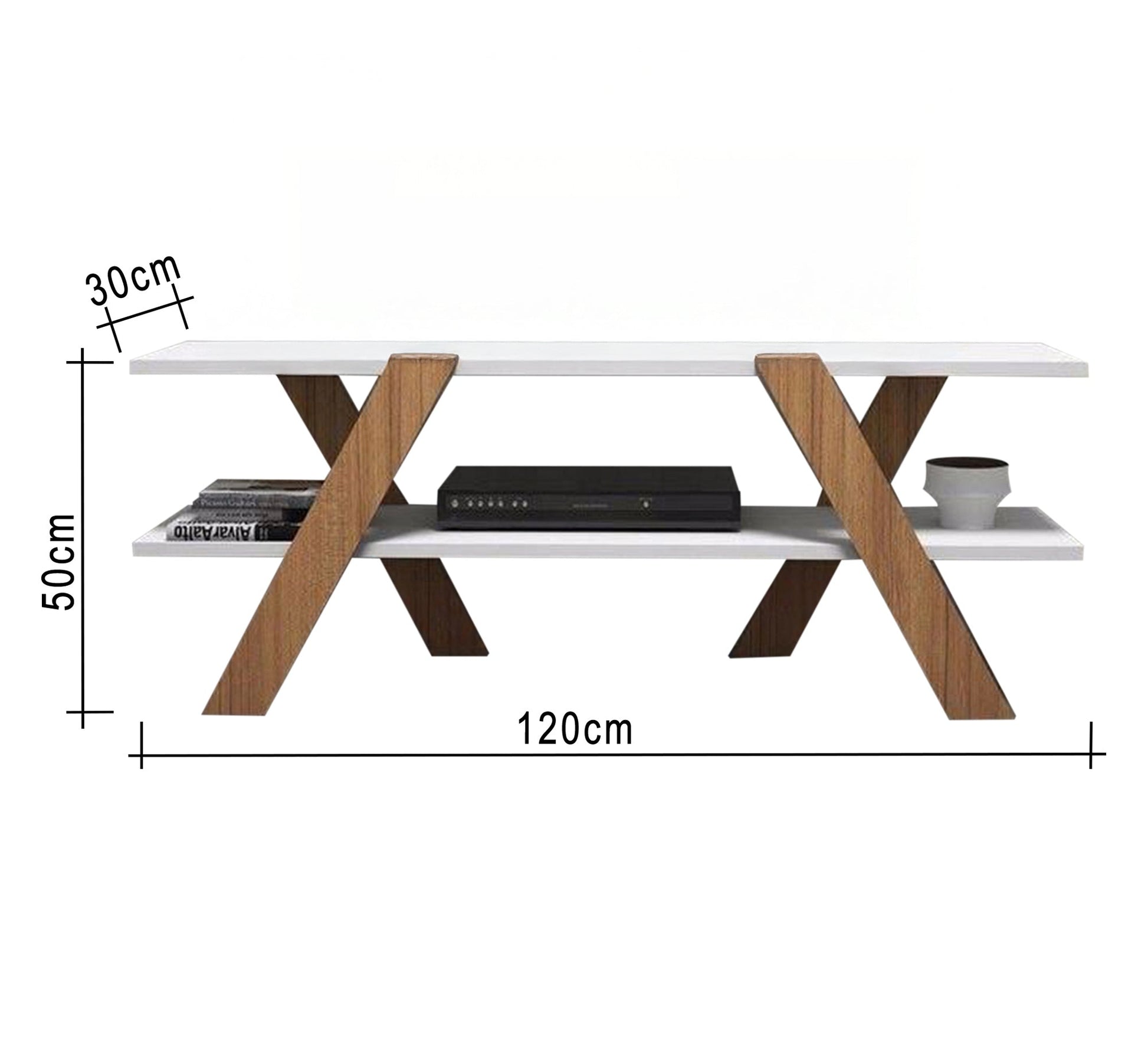 Console with two shelves and X - letter legs, white and beige - Vitrine Furniture - Furniture