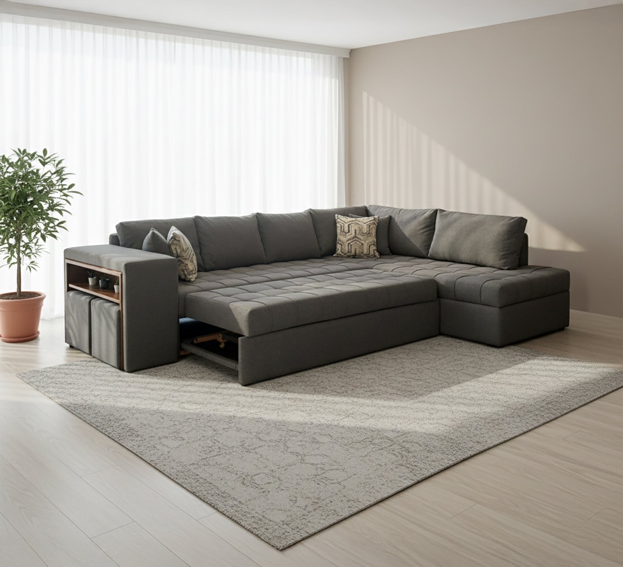 Corner bed and chaise longue in gray color - Vitrine Furniture - Sofa Bed