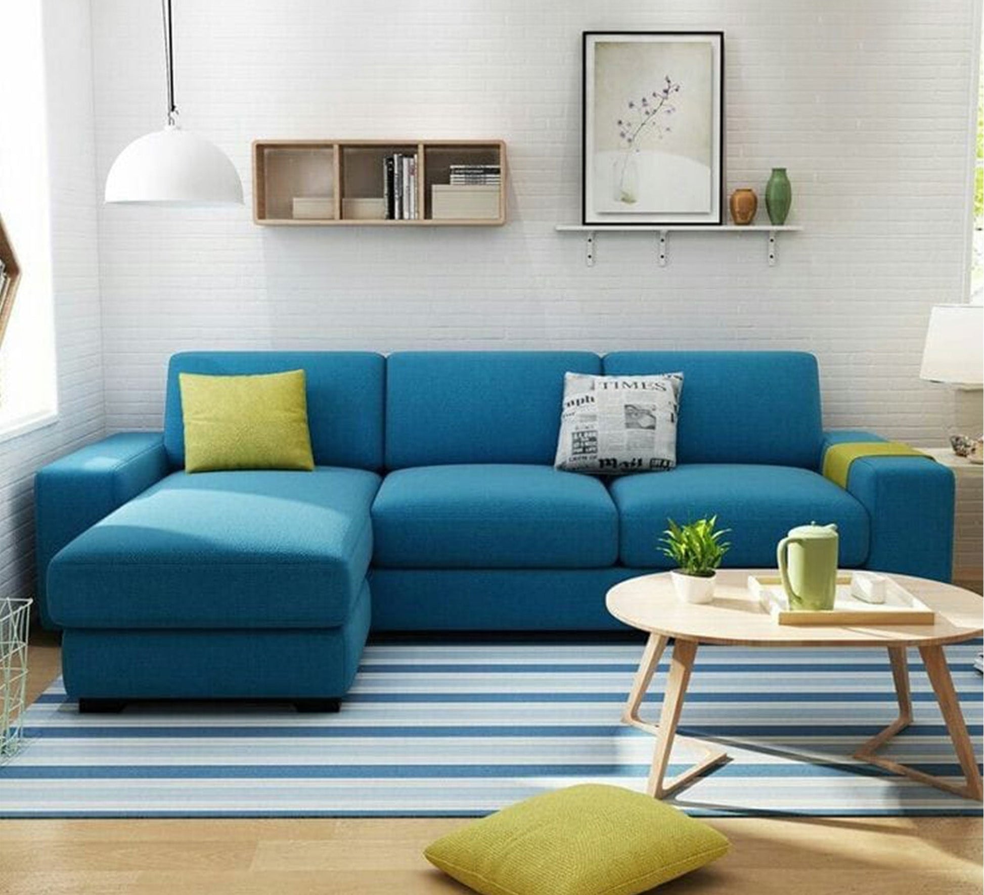 Corner L - shaped living room in light turquoise color - Vitrine Furniture - L - shape sofa set
