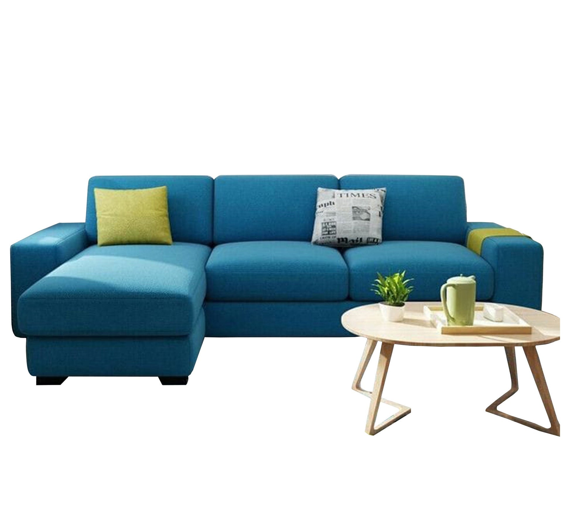 Corner L - shaped living room in light turquoise color - Vitrine Furniture - L - shape sofa set