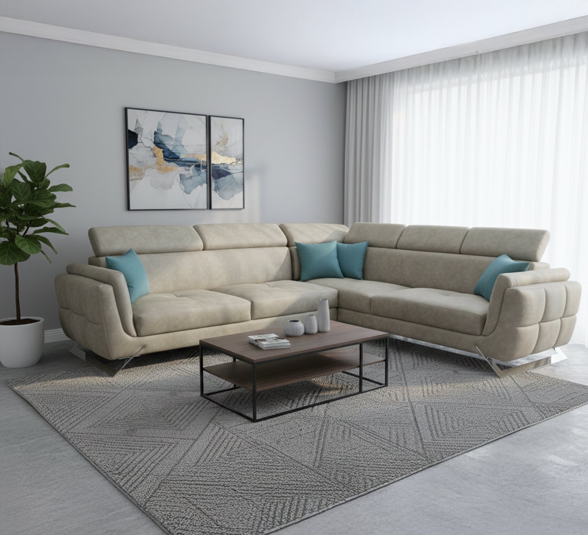 Corner: Stylish Grey & Blue Accent Pillows - Vitrine Furniture - L - shape sofa set