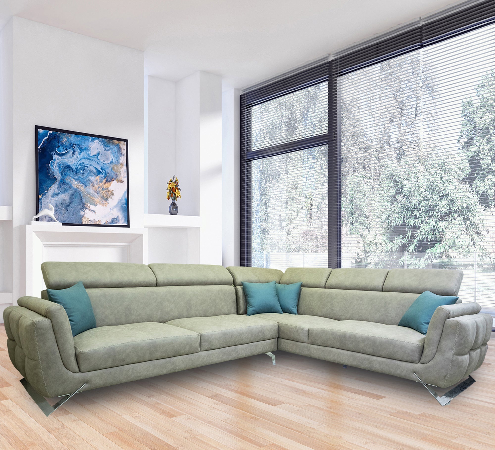 Corner: Stylish Grey & Blue Accent Pillows - Vitrine Furniture - L - shape sofa set