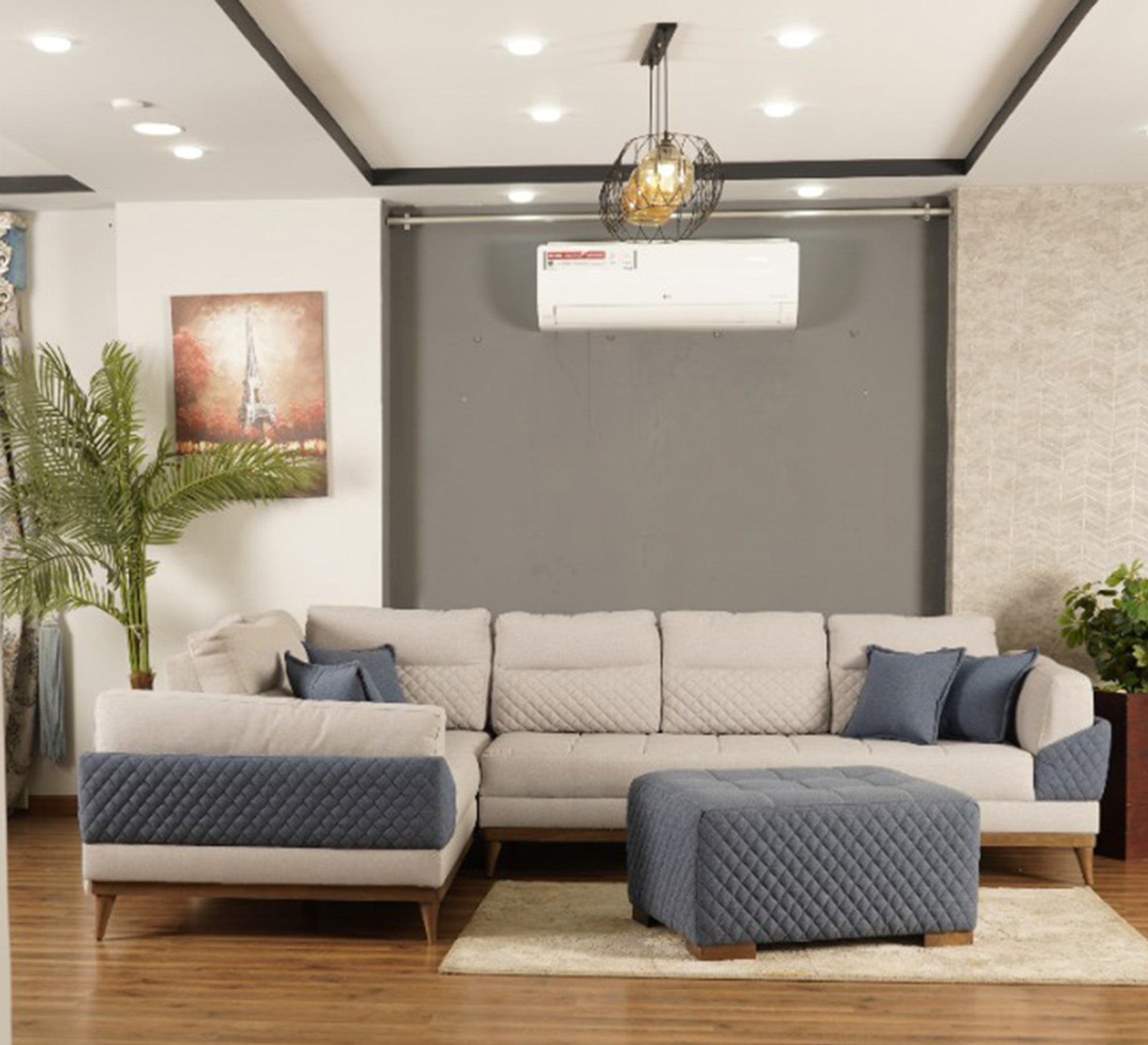 Cream captone corner with blue touches - Vitrine Furniture - L - shape sofa set