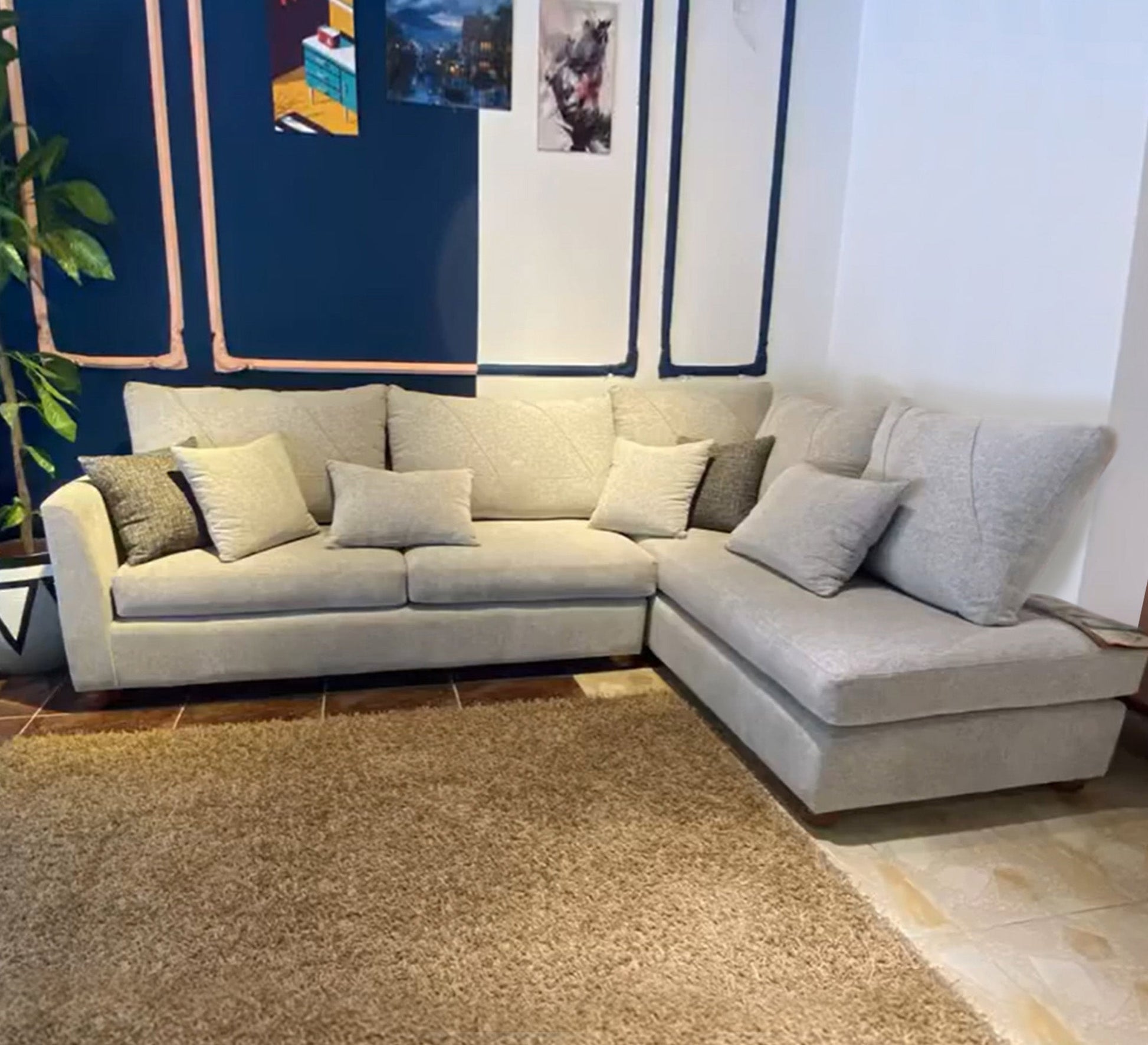 creamy white living room corner - Vitrine Furniture - L - shape sofa set