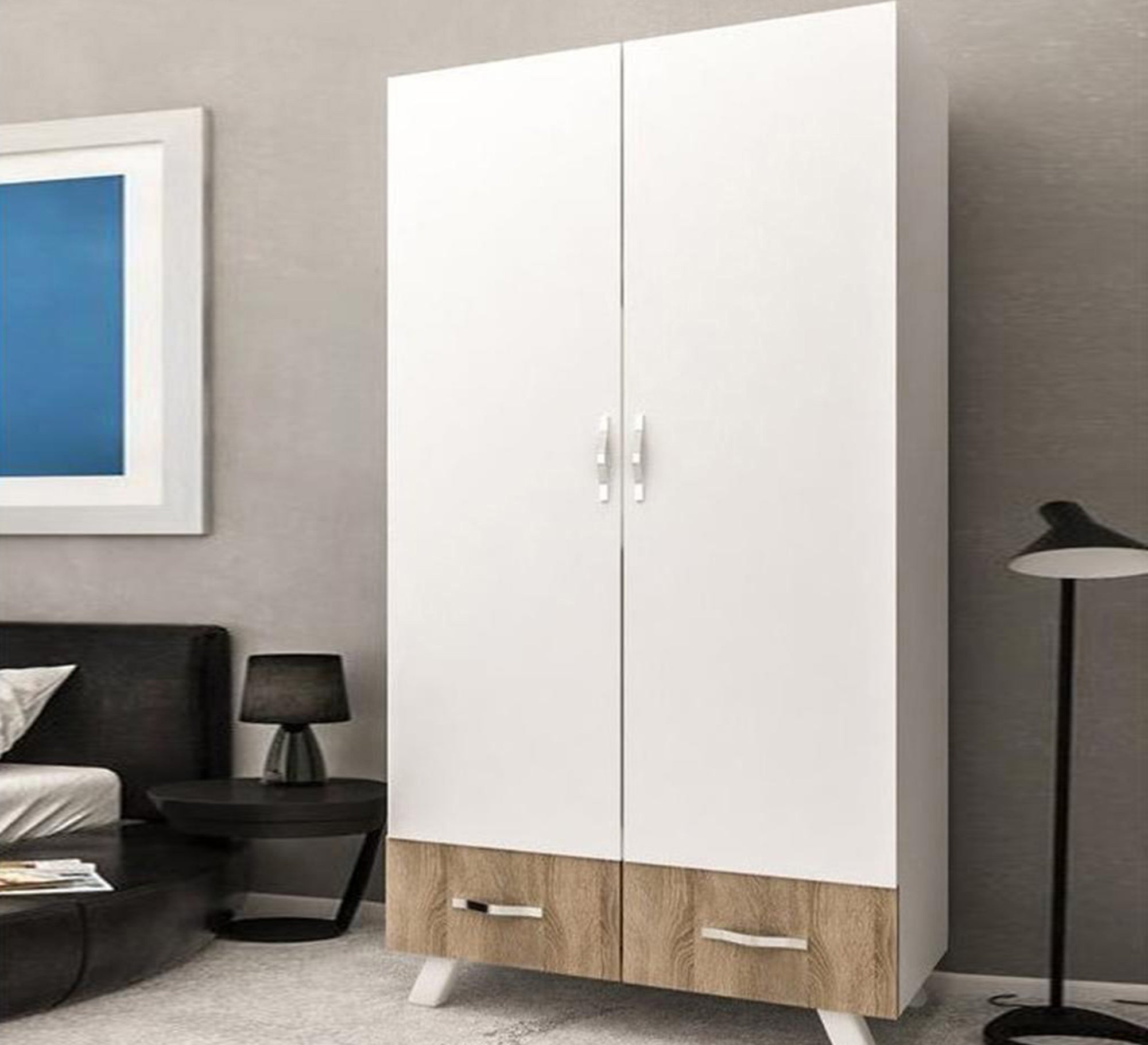 Cupboard 110 with two white doors and two wooden shelves - Vitrine Furniture - Furniture