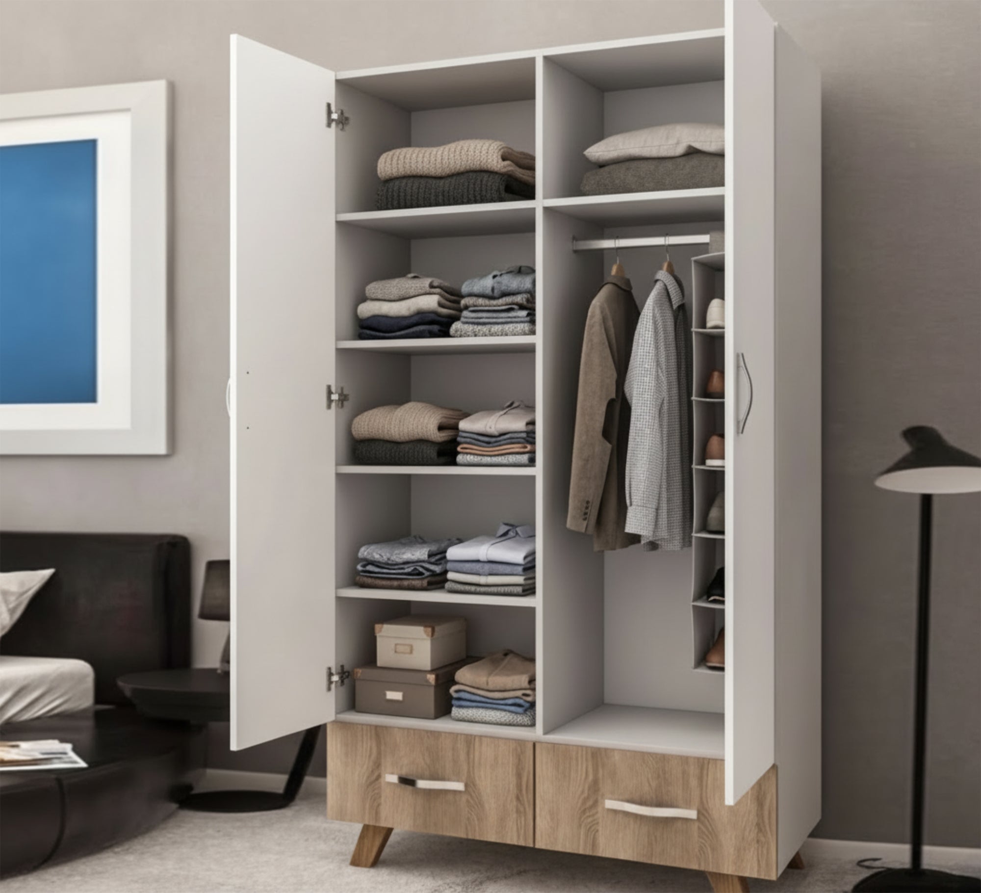 Cupboard 110 with two white doors and two wooden shelves - Vitrine Furniture - Wardrobes