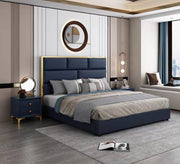 Dark blue bed with an upholstered headboard and a gold frame - Vitrine Furniture - Furniture