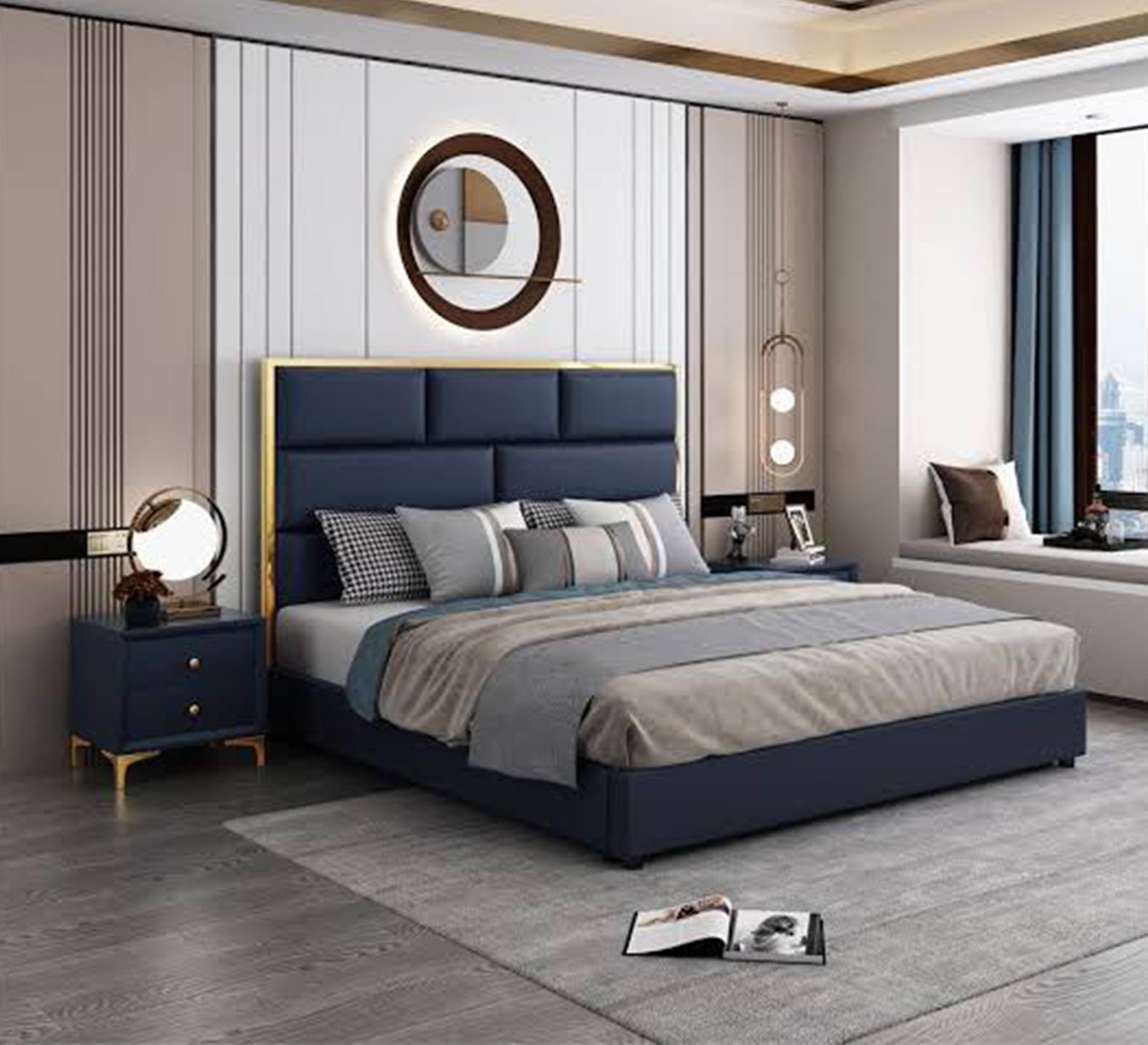 Dark blue bed with an upholstered headboard and a gold frame - Vitrine Furniture - Furniture