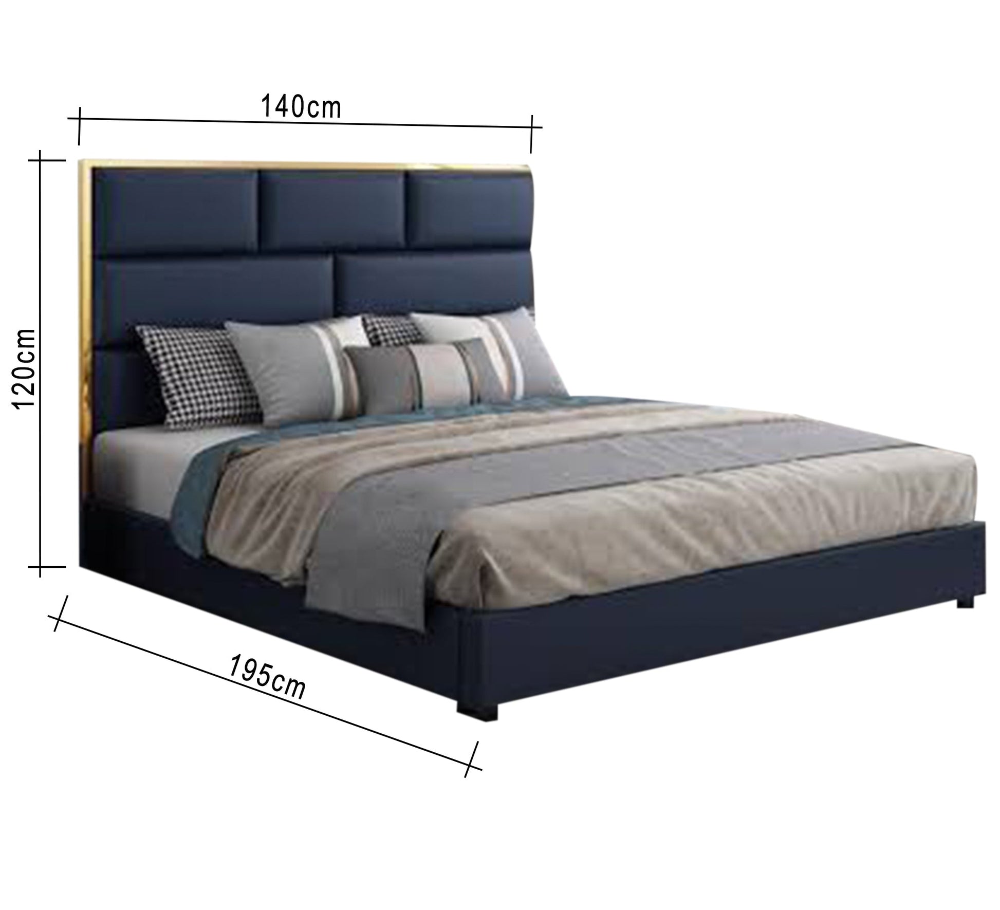 Dark blue bed with an upholstered headboard and a gold frame - Vitrine Furniture - Furniture