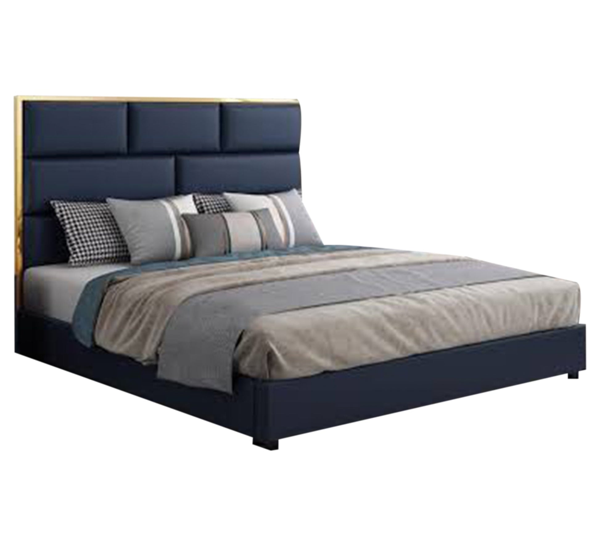 Dark blue bed with an upholstered headboard and a gold frame - Vitrine Furniture - Furniture