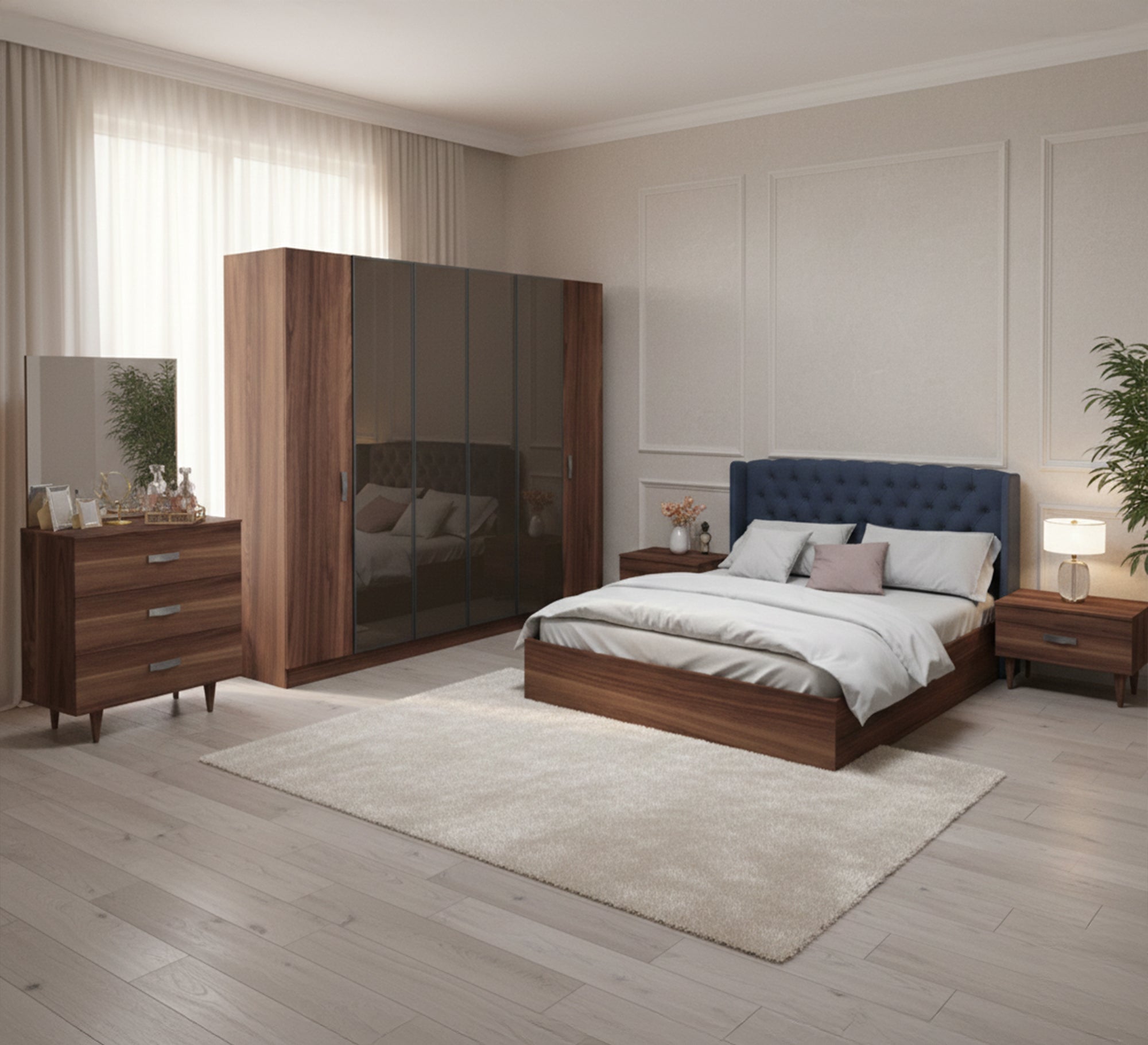 Dark brown bedroom with capotonian back - Vitrine Furniture - Bed Sets