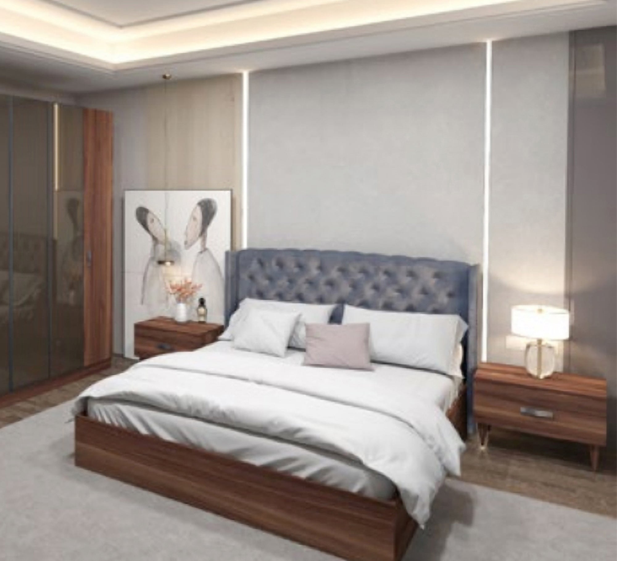 Dark brown bedroom with capotonian back - Vitrine Furniture - Bed Sets