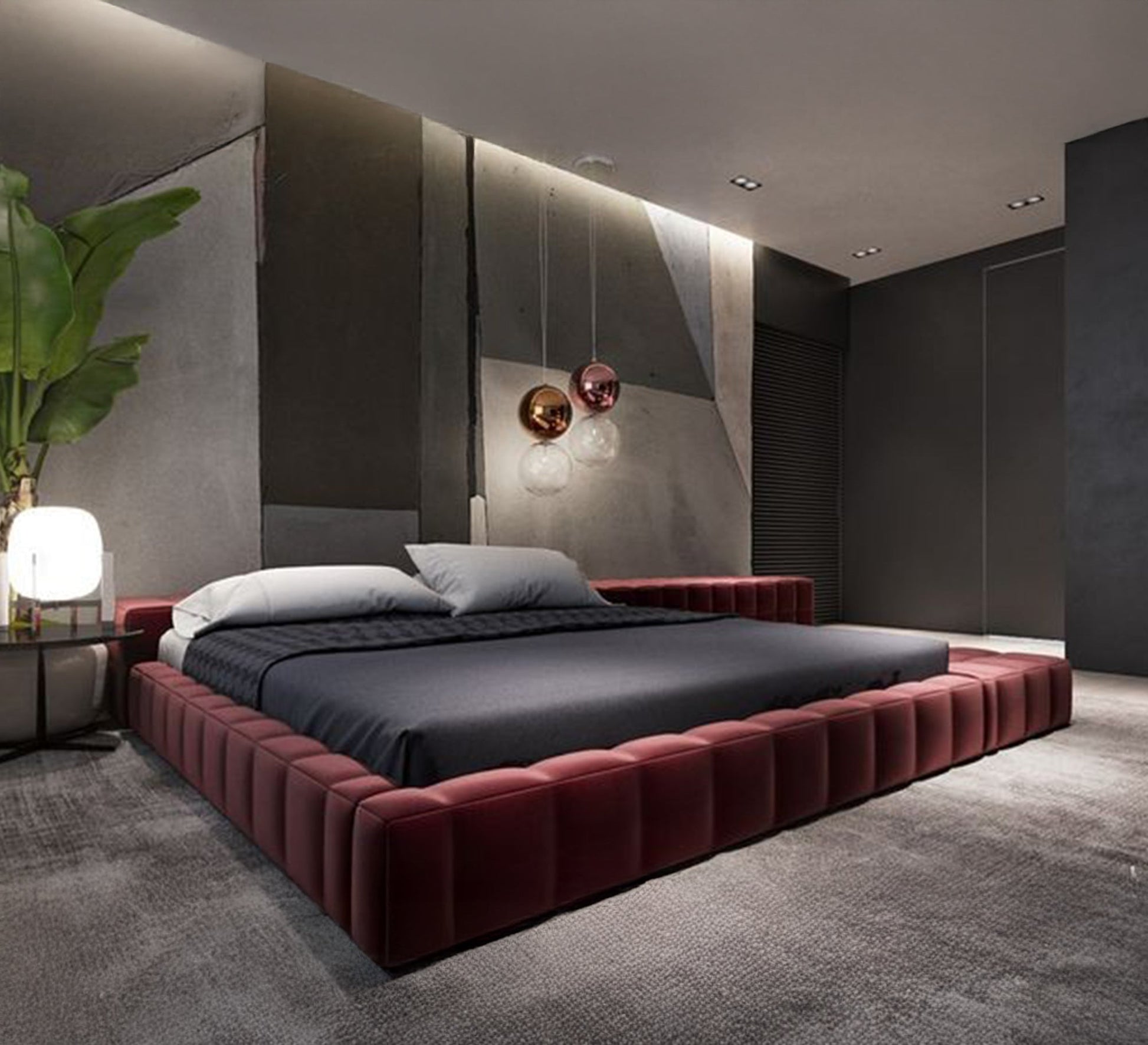 Dark burgundy upholstered platform bed - Vitrine Furniture - Furniture